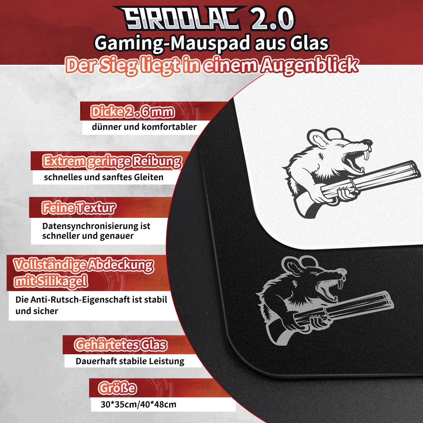 SIROOLAC 2.0 Gaming-Mauspad aus gehärtetem Glas,Für FPS-Spiele,Volldeckende Grundierung,Ätzverfahren,1,6 mm dünne Glasschicht,Neues Schießerlebnis(Schwarz,300mm*350mm)