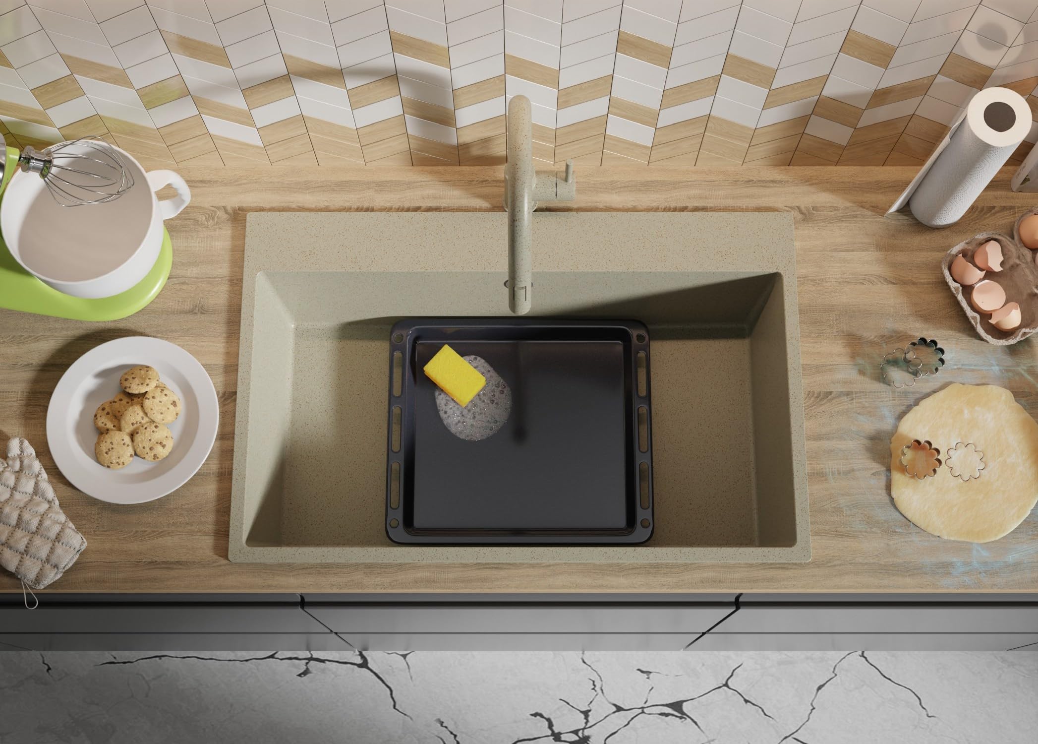 Lavello da Cucina Beige 78x50cm, Lavandino da Cucina a 1 vasca + Sifone Classico, Lavabo da Cucina Incasso al mobile 80cm - Riga di Primagran