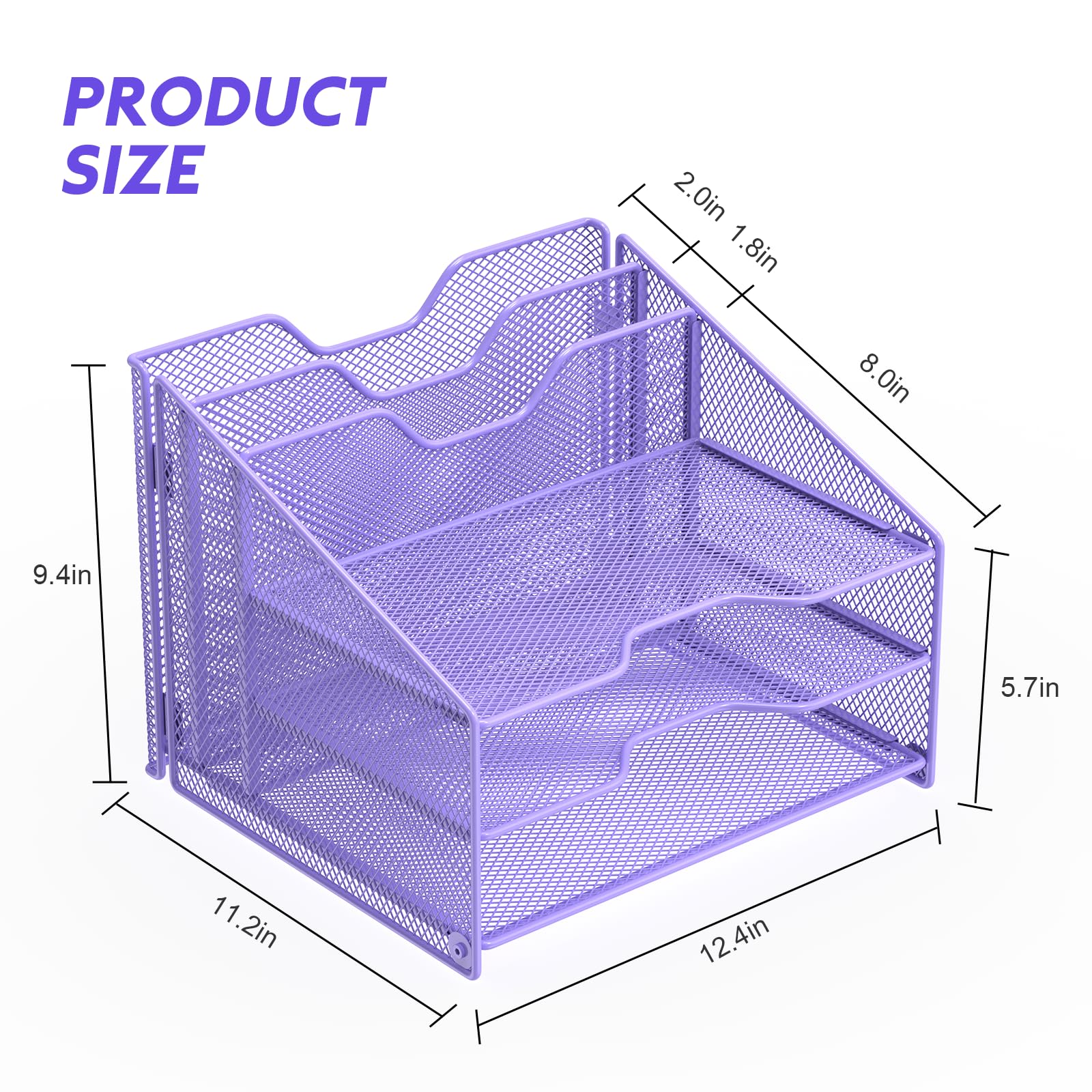 Samstar Purple Desk File Organizer, Mesh Letter File Folder Holder with 3 Paper Trays and 2 Vertical Upright Section, for Office Supplies, Desk Accessories & Workspace, Purple view 2
