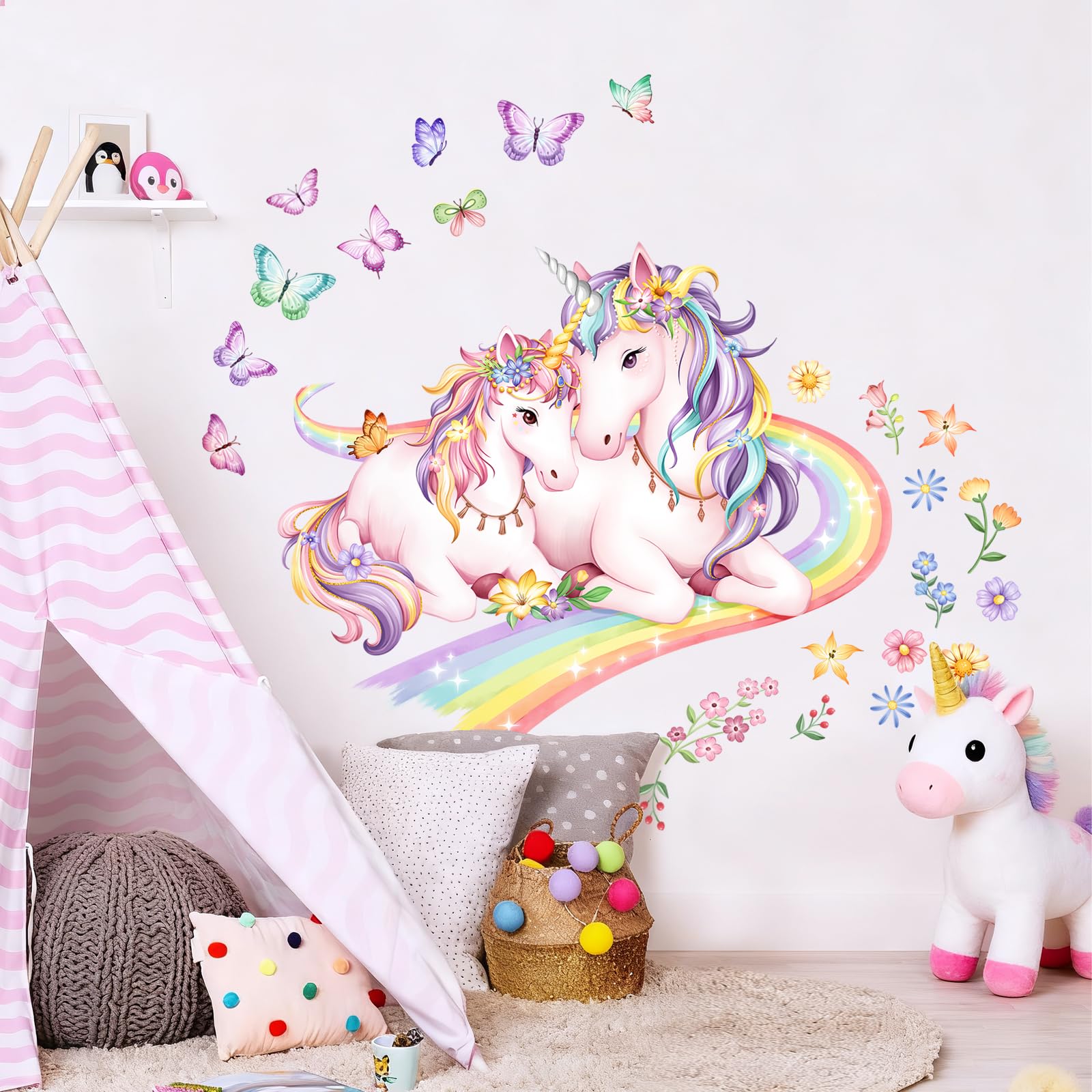 Tanlaby Sticker Muraux Licorne Arc-en-ciel Autocollant Muraux Fleur Papillons Sticker Murale Enfants Autocollants Mural à Décoller et Coller pour Fille Chambre Enfants Bébé Pépinière