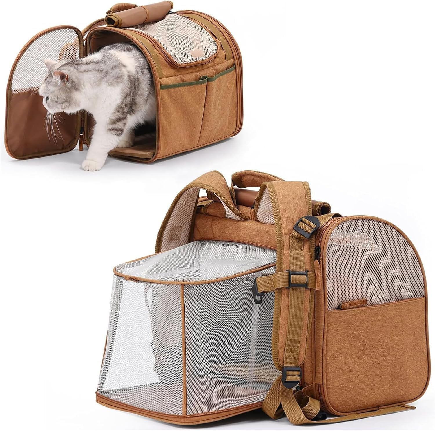 Grande zaino per gatti, espandibile con rete traspirante, per gatti, cani di piccola taglia, cuccioli, trasportino portatile per viaggi, escursioni, passeggiate e attività all'aperto, marrone