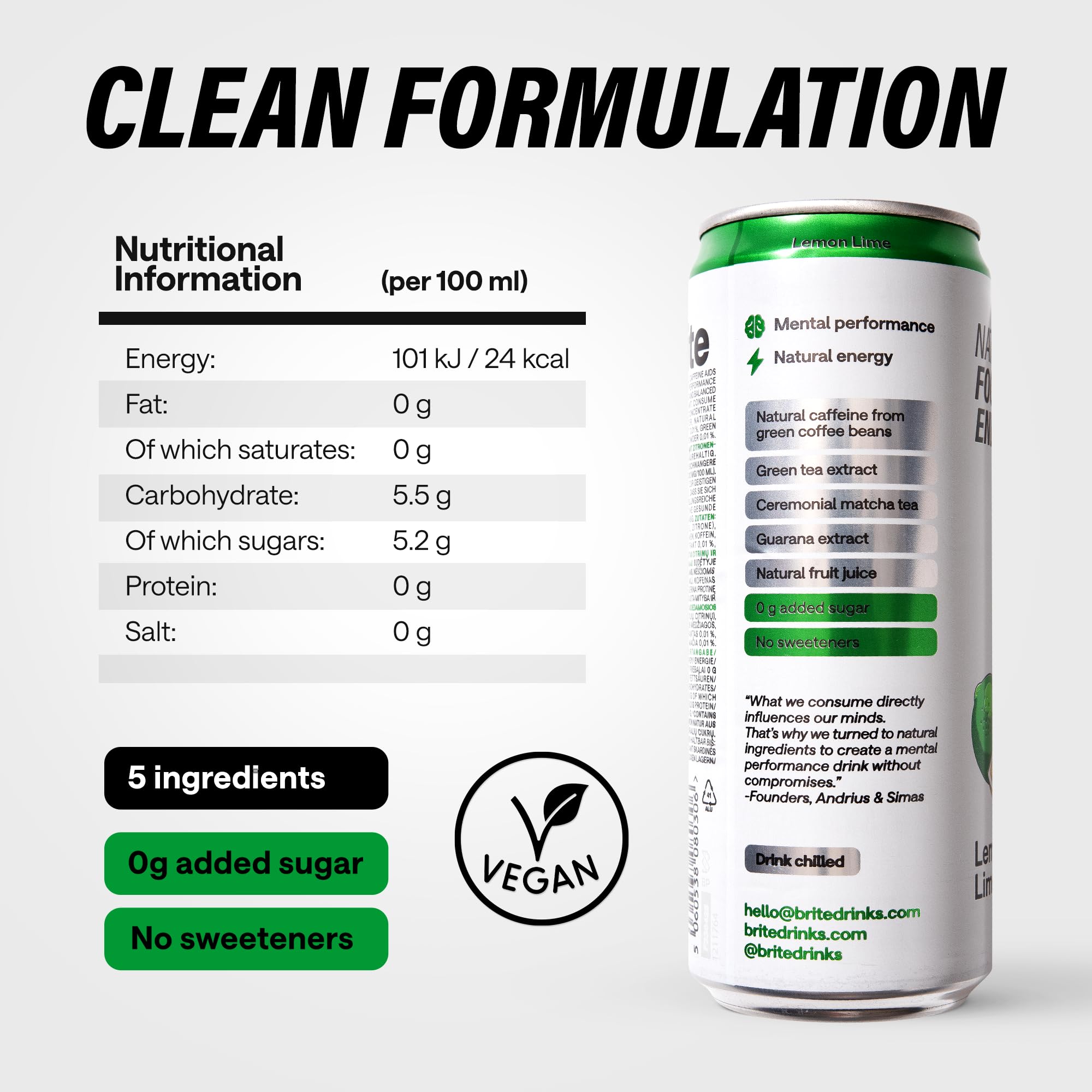 Brite Natural Focus. Boisson énergisante et alternative au café pour améliorer la productivité. À base de plantes, faible en calories, végétalienne, sans gluten. Mix 12 x 330 ml.