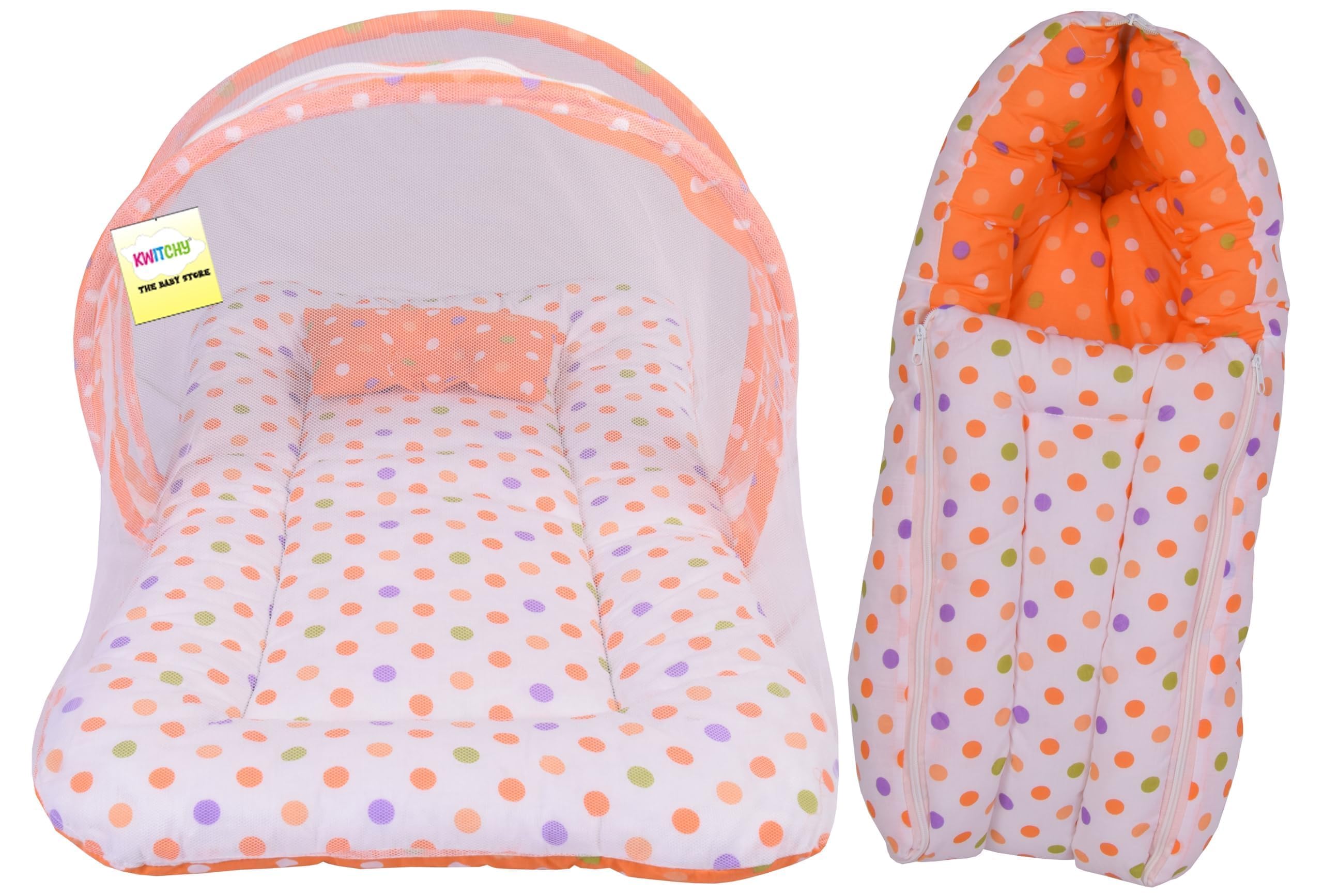 Babloo Baby Bed New Born Baby Bedding Set | Mosquito Net | Mattress | Carry Bag | Essentials Combo | Cotton | Infants | Boys & Girls (0-6 Months, Orange)