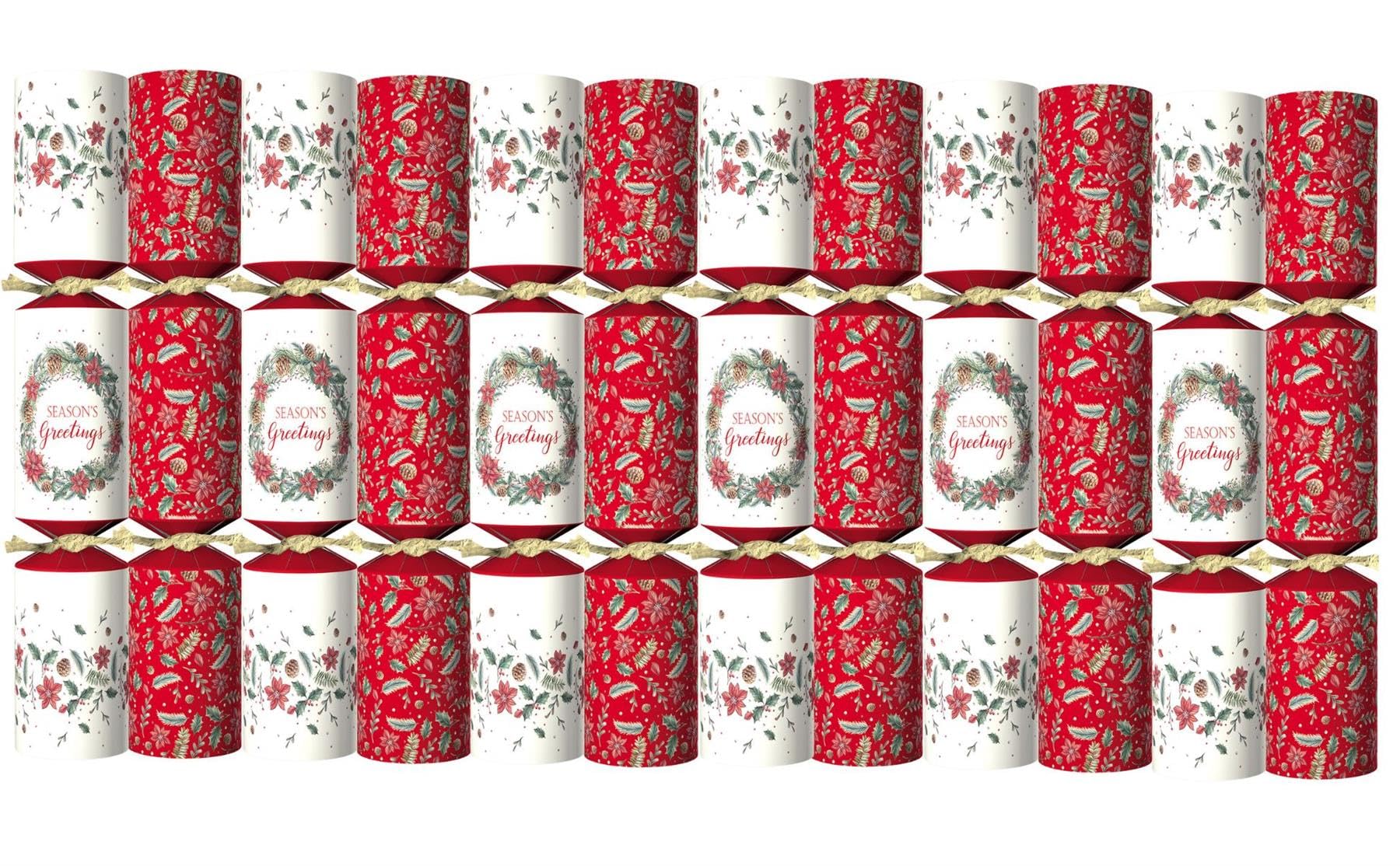 Luxury Christmas Crackers Pack 12 - Deluxe Seasons Greetings Red & White