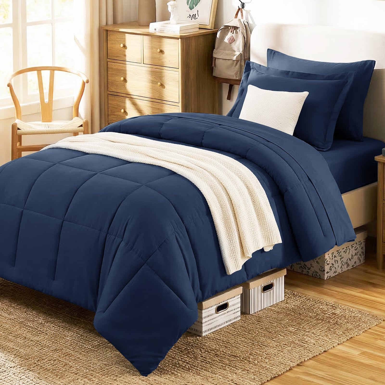 Photo 1 of ** ITEM USED AND HAS MINOR DAMAGE **CozyLux Twin Comforter Set with Sheets Navy Blue - 5 Pieces Bed in a Bag, Oeko-Tex Certified Bedding Set, All Season Soft Bed Set with Down Alternative Comforter, Sheets, Pillowcase & Sham