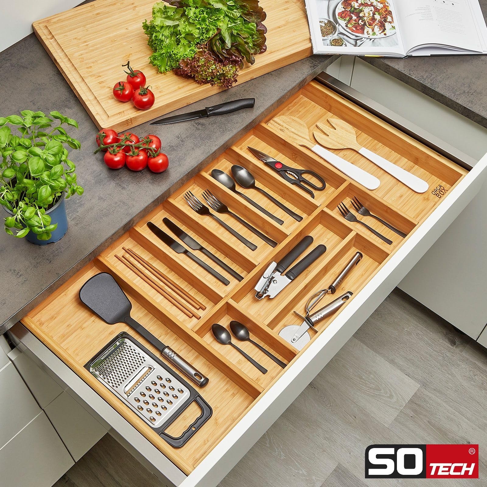 Orga-Box 3 BAMBUS Besteckeinsatz für 100er Schublade (473 x 897 mm) mit 11 Fächer Holz-Schubkasteneinsatz für Nobilia Küchen ab August 2012