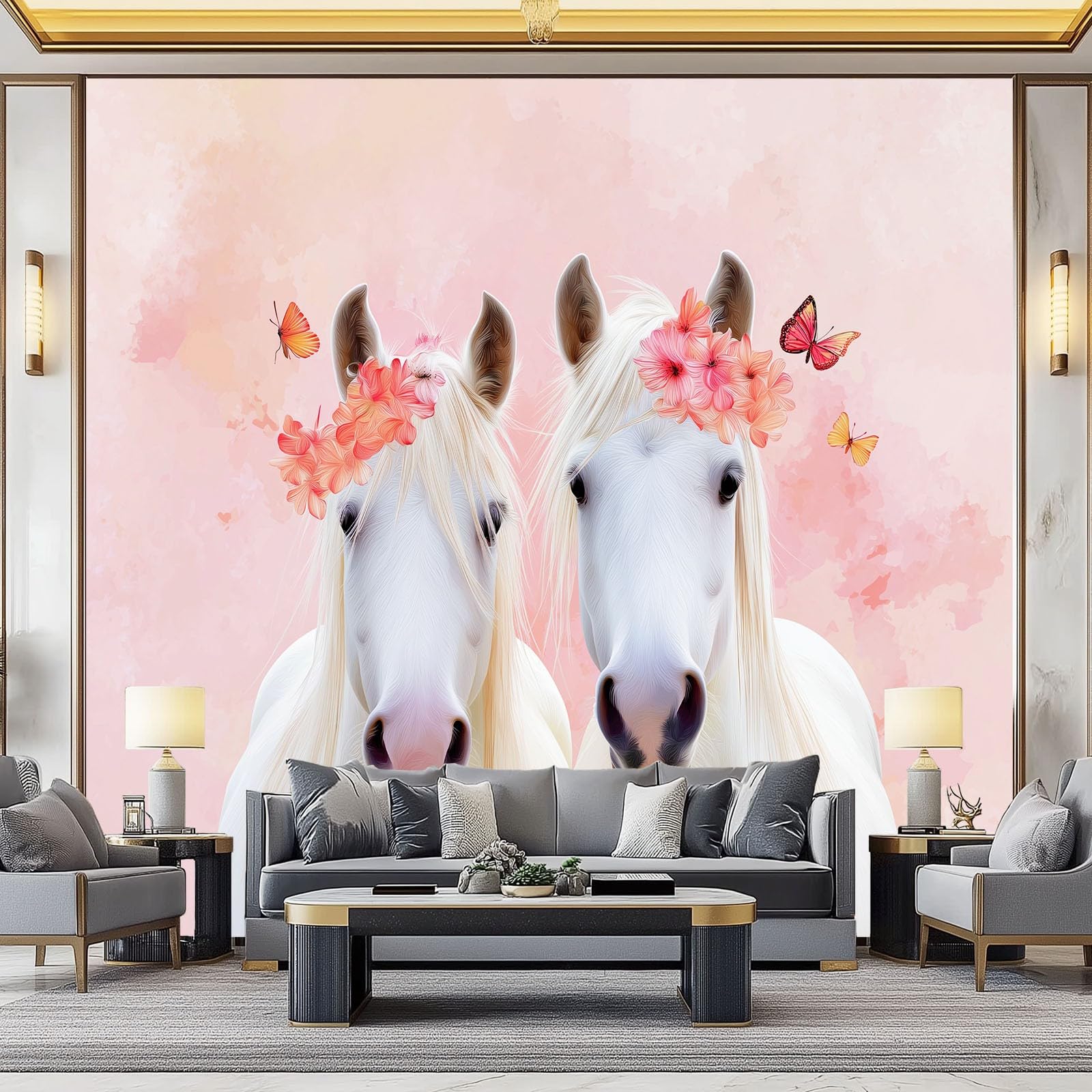 Artystyczna fototapeta 3D zwierzę biały koń różowe kwiaty włóknina mural, marzycielskie zwierzęta salon sypialnia tapeta dekoracja - 250 x 175 cm fototapeta - salon sofa tło telewizora