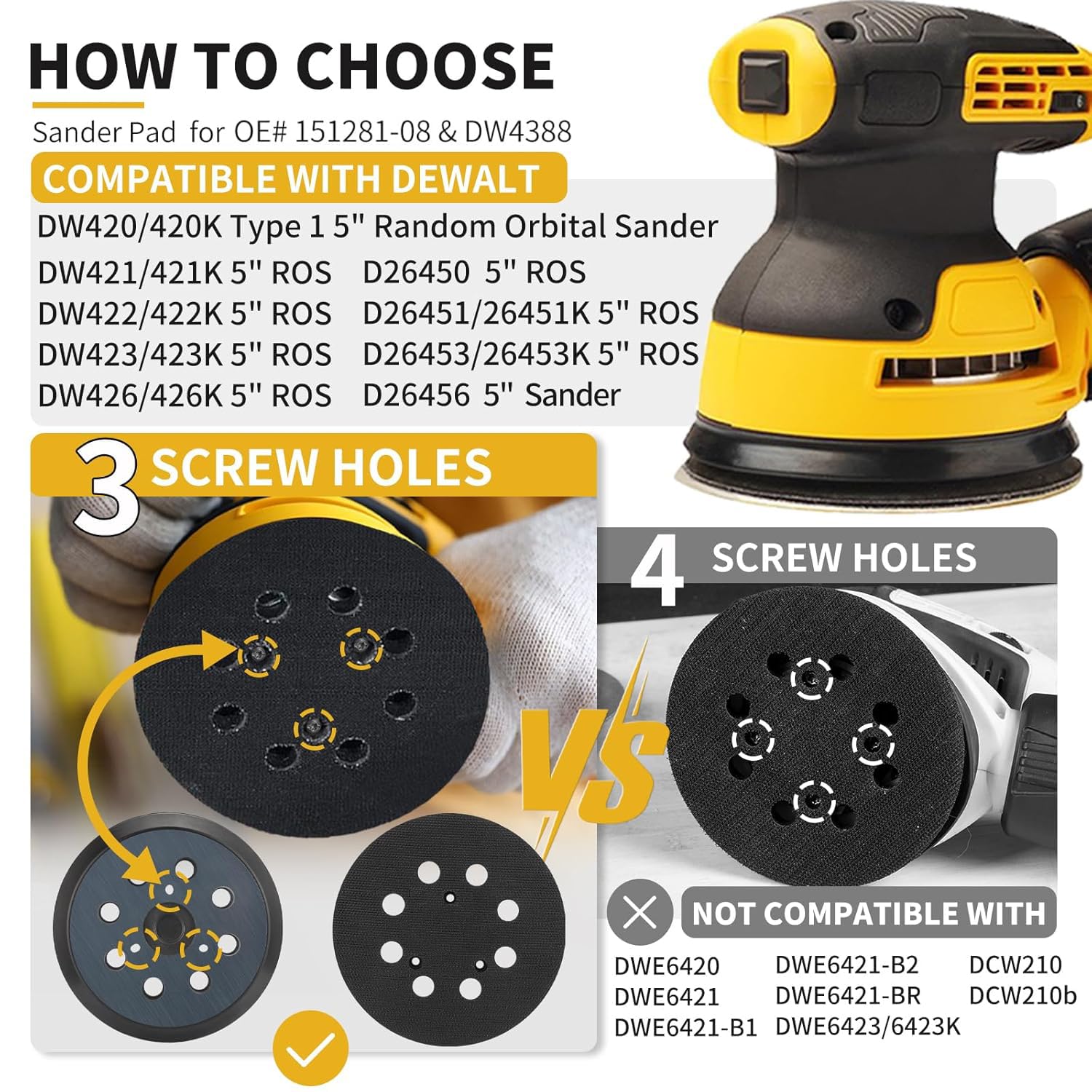 Almohadillas de repuesto para lijadora orbital Dewalt, paquete de 4 almohadillas de 5 pulgadas con 8 agujeros para lijadora orbital aleatoria DeWalt DW420 DW421 DW422 DW423 DW426 D26451