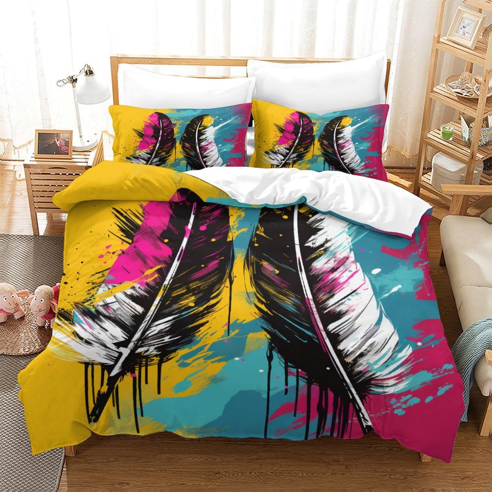 Housse de couette plumes 3D en microfibre 140x200 cm avec ses 2 taies d'oreiller