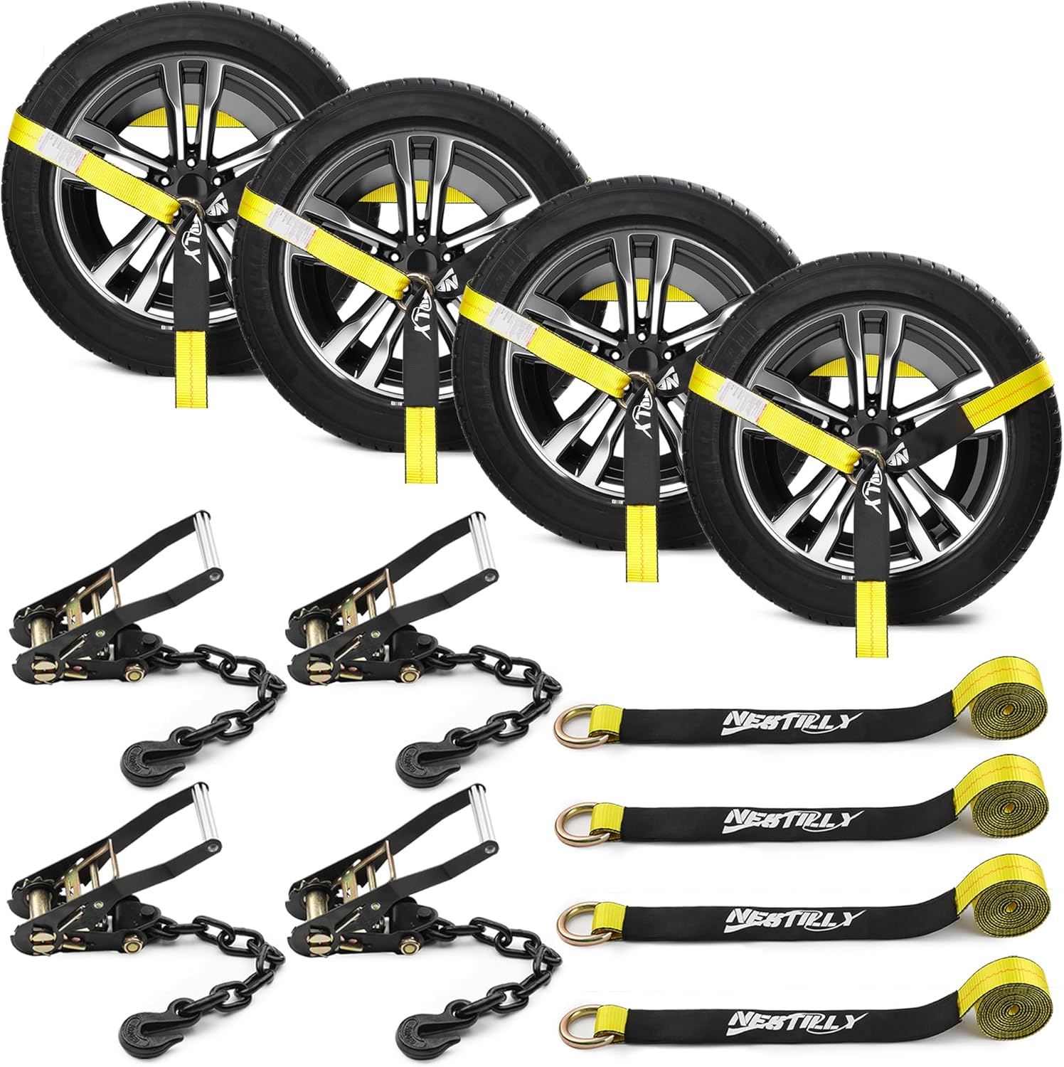 4 Pack Car Tie Down Straps for Trailers - 2" x 96" - 9900LBS Break Strength - Tire Ratchet Straps with Heavy Duty Chain Anchors for Hauling UTV, SUV, Truck, Any Cars