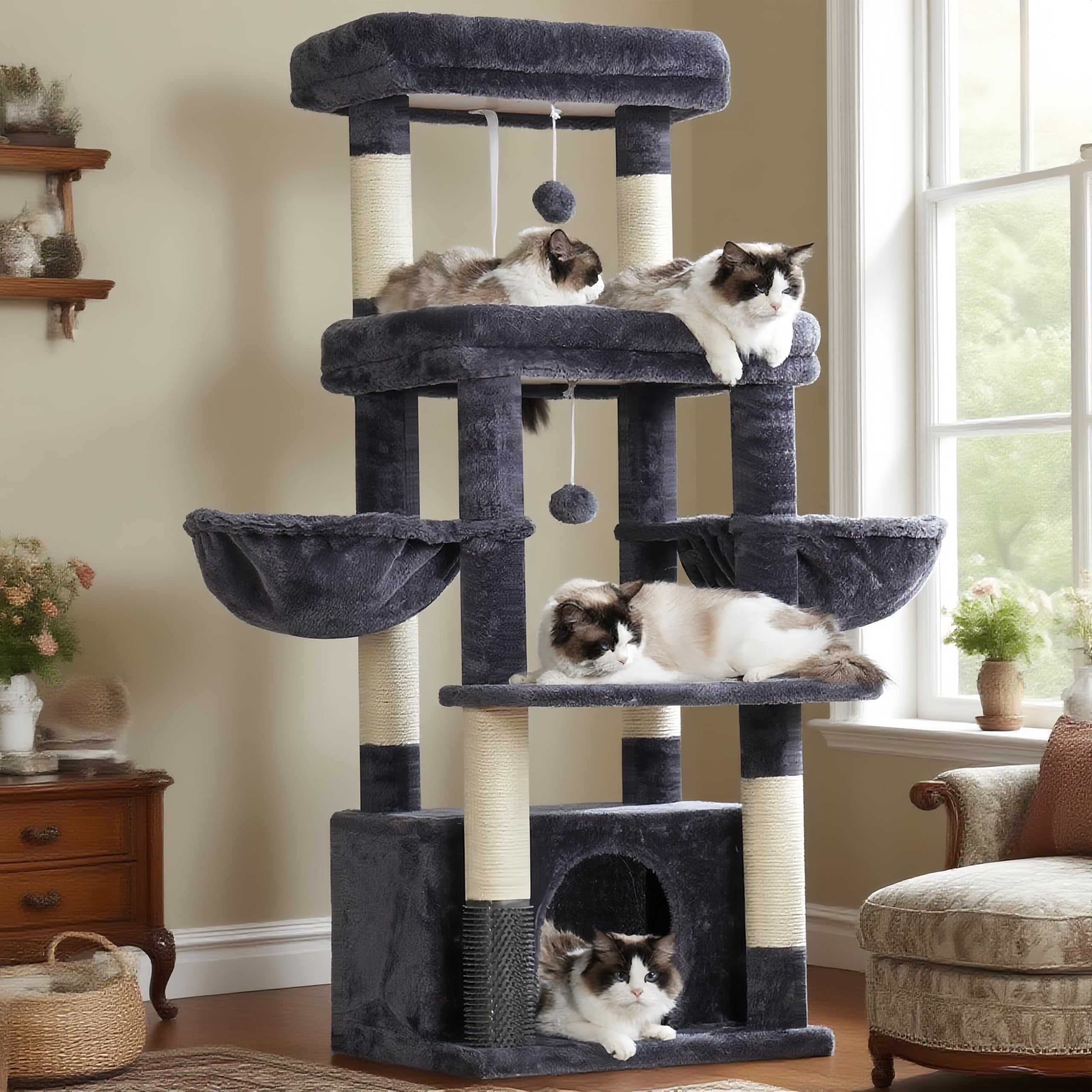 Hey-brother Cat Tree Tower, Scratching Posts with Extra Large Platform, Specious Condo, 2 Cozy Hammocks, Self-Grooming Brush for Indoor Adult Cats, Maine Coon 130 cm, Smoky Gray MPJ070G