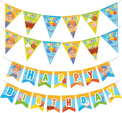 Treasures Gifted Suministros para fiesta de cumpleaños con licencia oficial de Blippi, juego de 3 carteles de cumpleaños de Blippi, 1 pancarta de