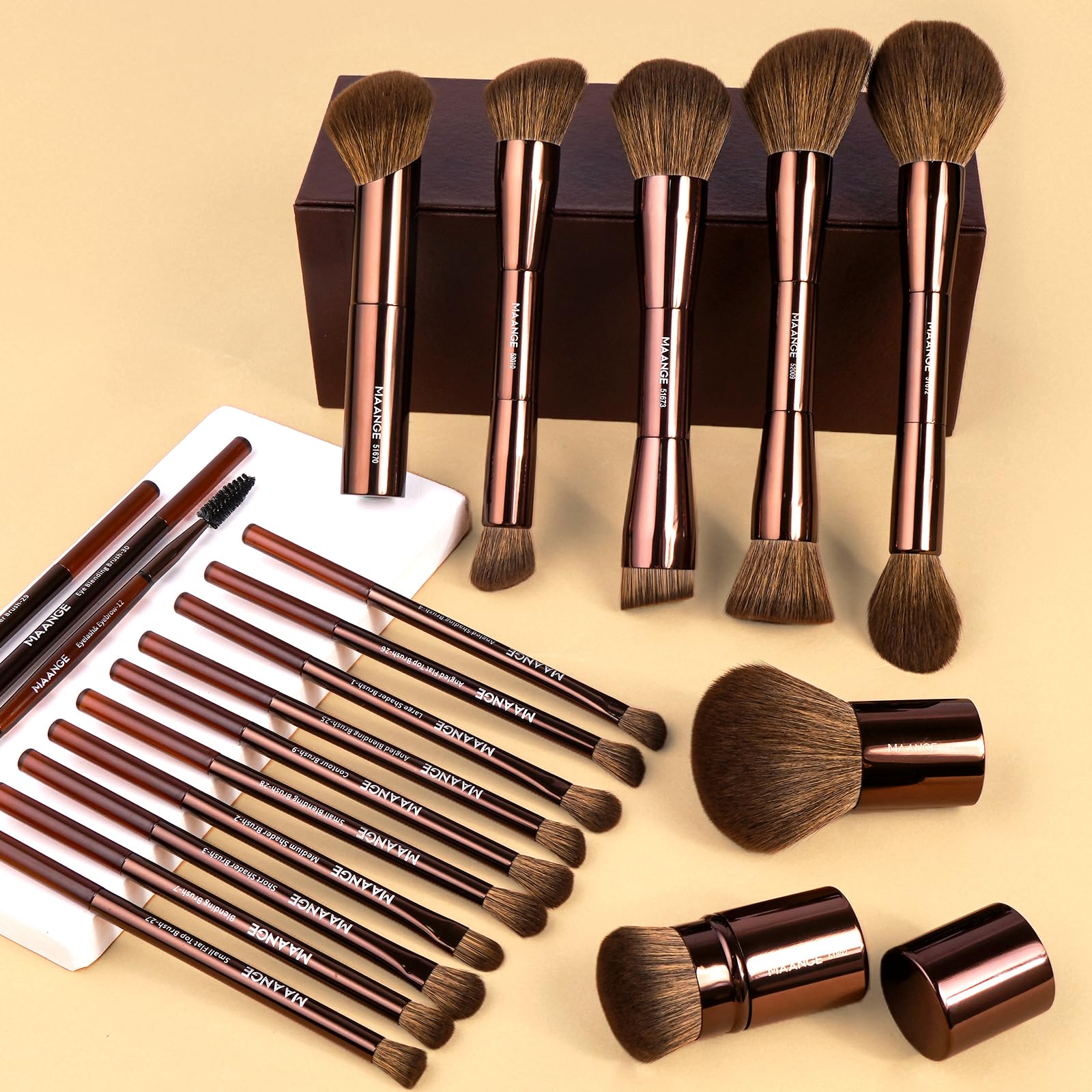MAANGE 20 pennelli da trucco con confezione regalo, pennelli multifunzione a doppia estremità per miscelare polvere liquida, correttore, crema, fard, marrone scuro