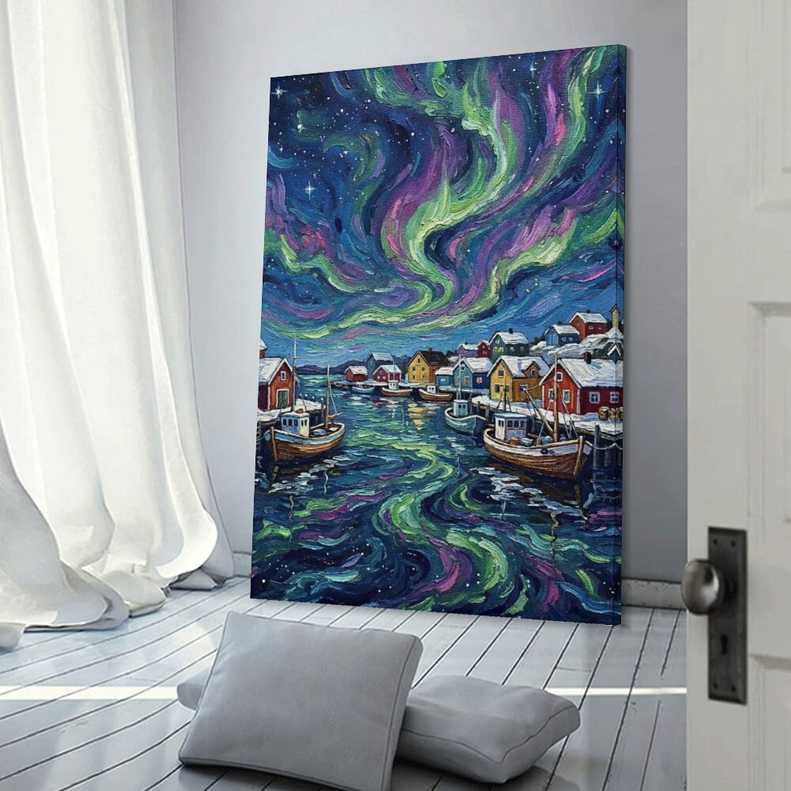 Junmoney Decorative Wall Artwork Northern Lights Over Coastal Village Painting, 20x30inch(50x75cm), for Living Room, Bedroom Or Apartment Walls, Decorative Artwork for Empty Walls