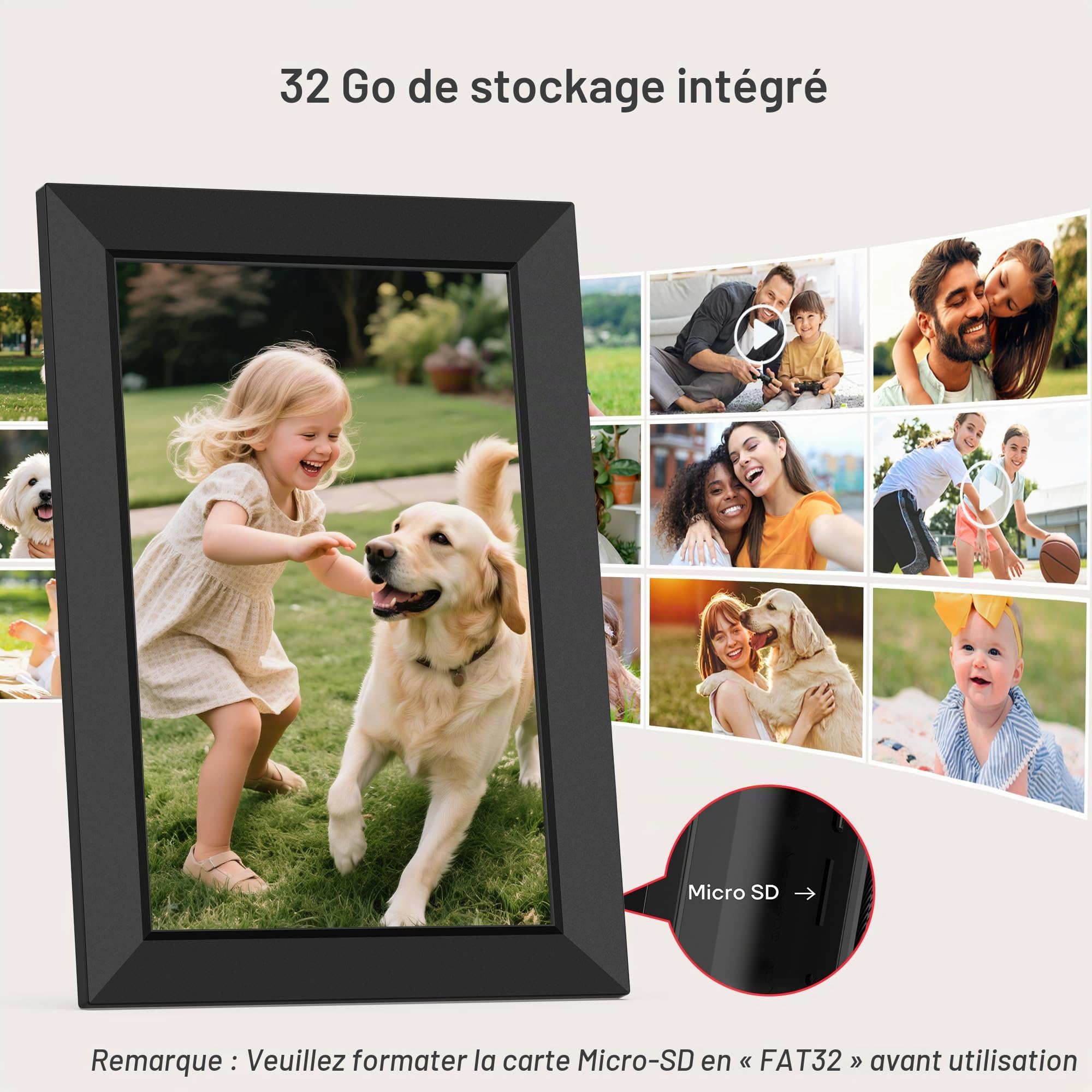 Frameo App Cadre Photo Numérique WiFi 10.1 Pouces Cadre Photo Electronique Cloud Intelligent avec Écran Tactile HD IPS Diaporama de 32 Go de Mémoire Rotation