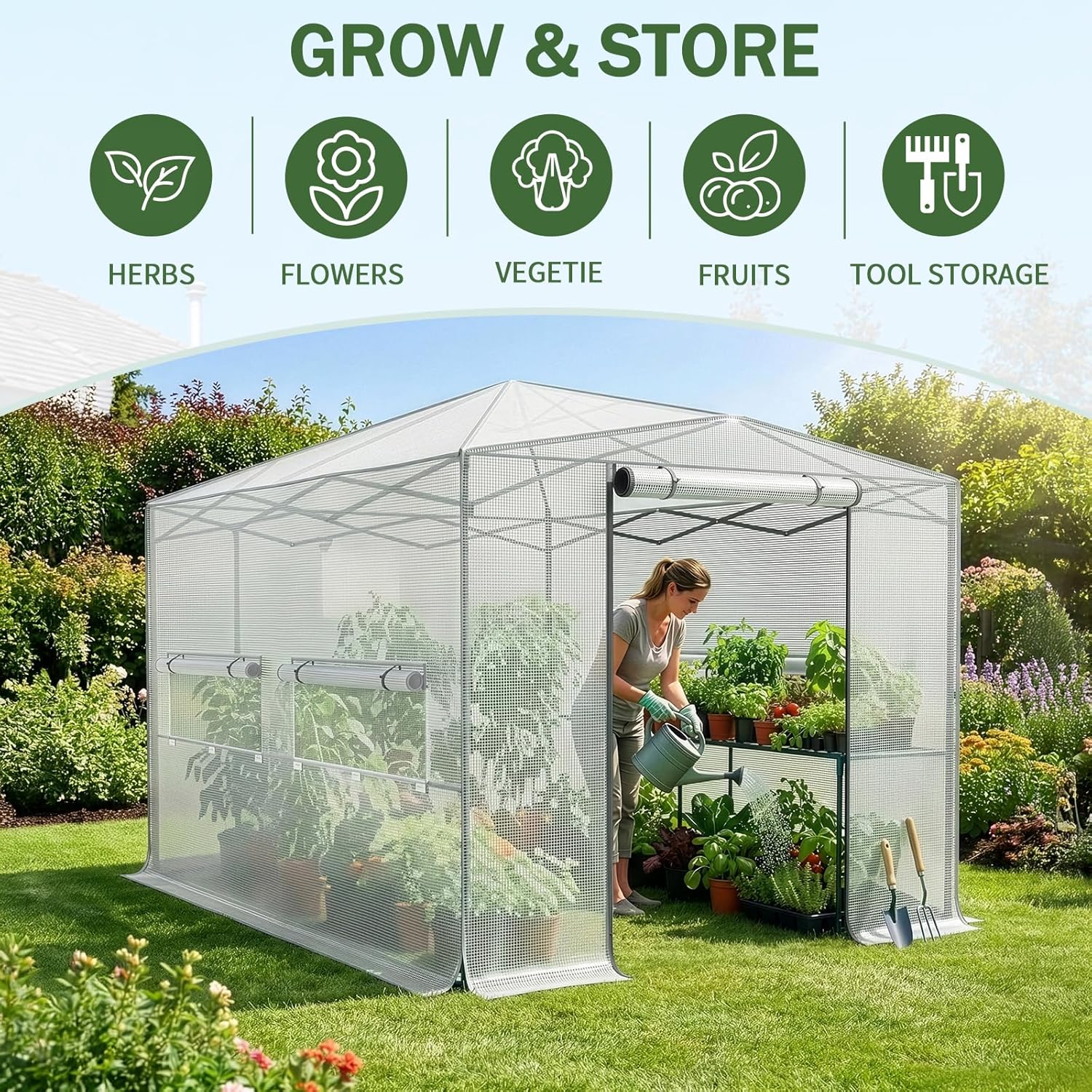Outvita 8x12ft Greenhouse, Instant Walk-in Pop Up Tent Greenhouse for Indoor Outdoor Gardening Easy Setup Shelter with Roll-up Zipper Entry Doors and Windows