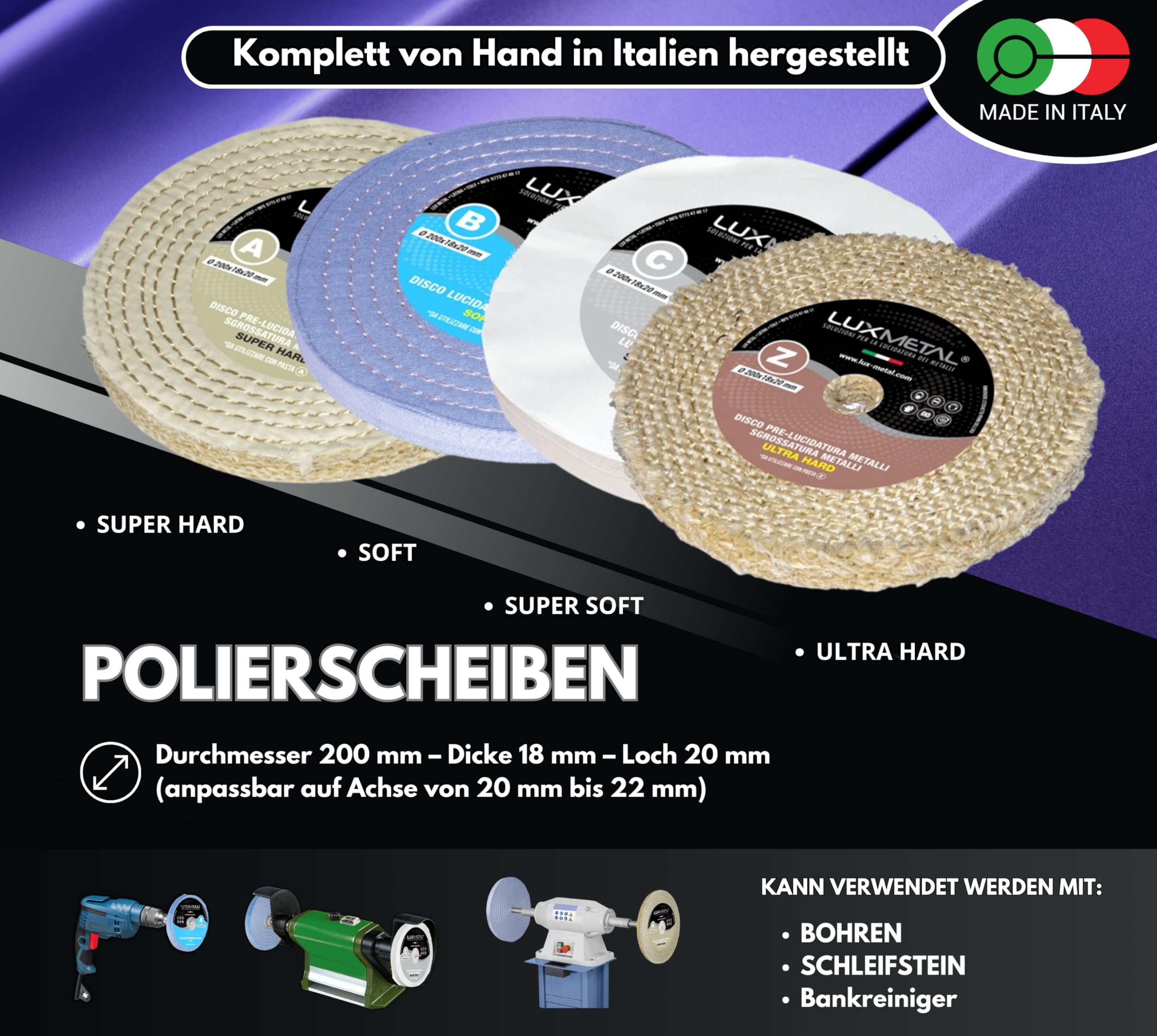 Lux Metal 4 polierpaste 350 g - 4 Polierscheibe 200 mm, Polierset set DIY kit Schleifpaste Metal Aluminium Bank Poliermaschine, Edelstahl, Messing, Kupfer, Holz, Kunststoff, schleifmaschinen, messer