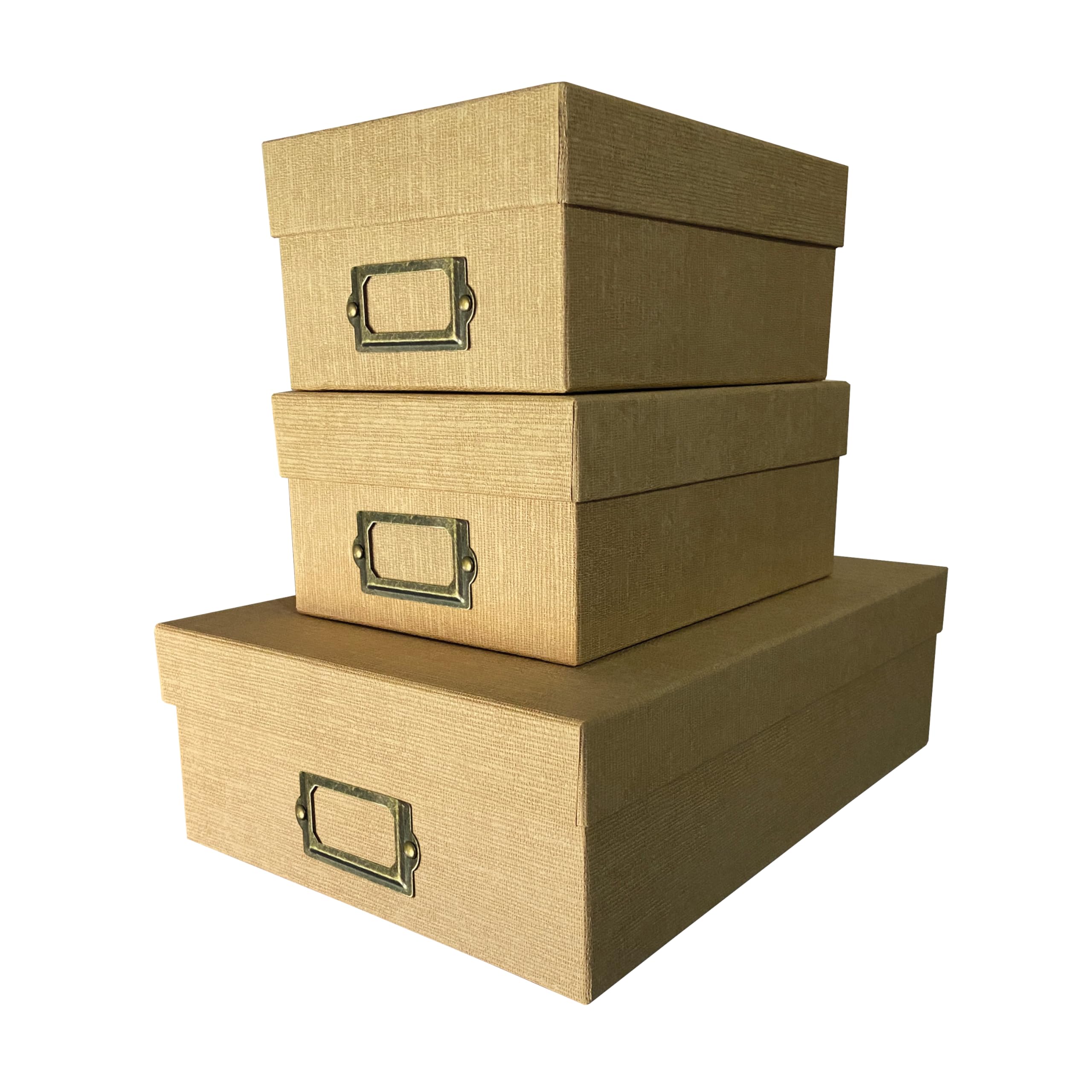 TIDY UP Lote 3 cajas organizador de documentos, Caja rigida para almacenaje con tapa y etiqueta. Organización Oficina y Casa, cartón forrado textura. (BEIGE)