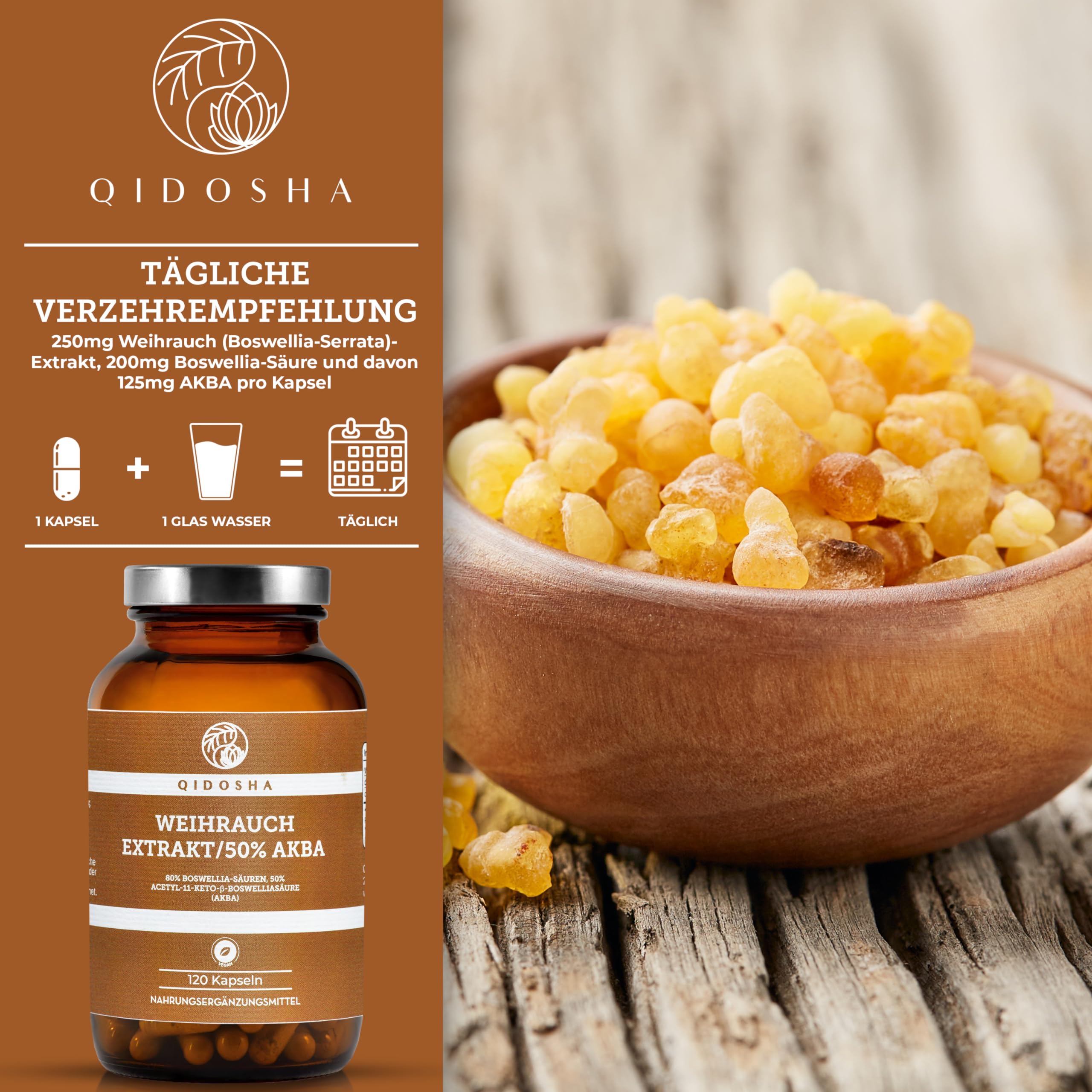 QIDOSHA® Weihrauch AKBA Kapseln, höchster AKBA-Gehalt am Markt, 120 Stk/Glas, 250mg Weihrauch-Extrakt mit 125mg AKBA je Kapsel, 80% Boswellia-Säuren, AKBA Kapseln hochdosiert mit 50% AKBA