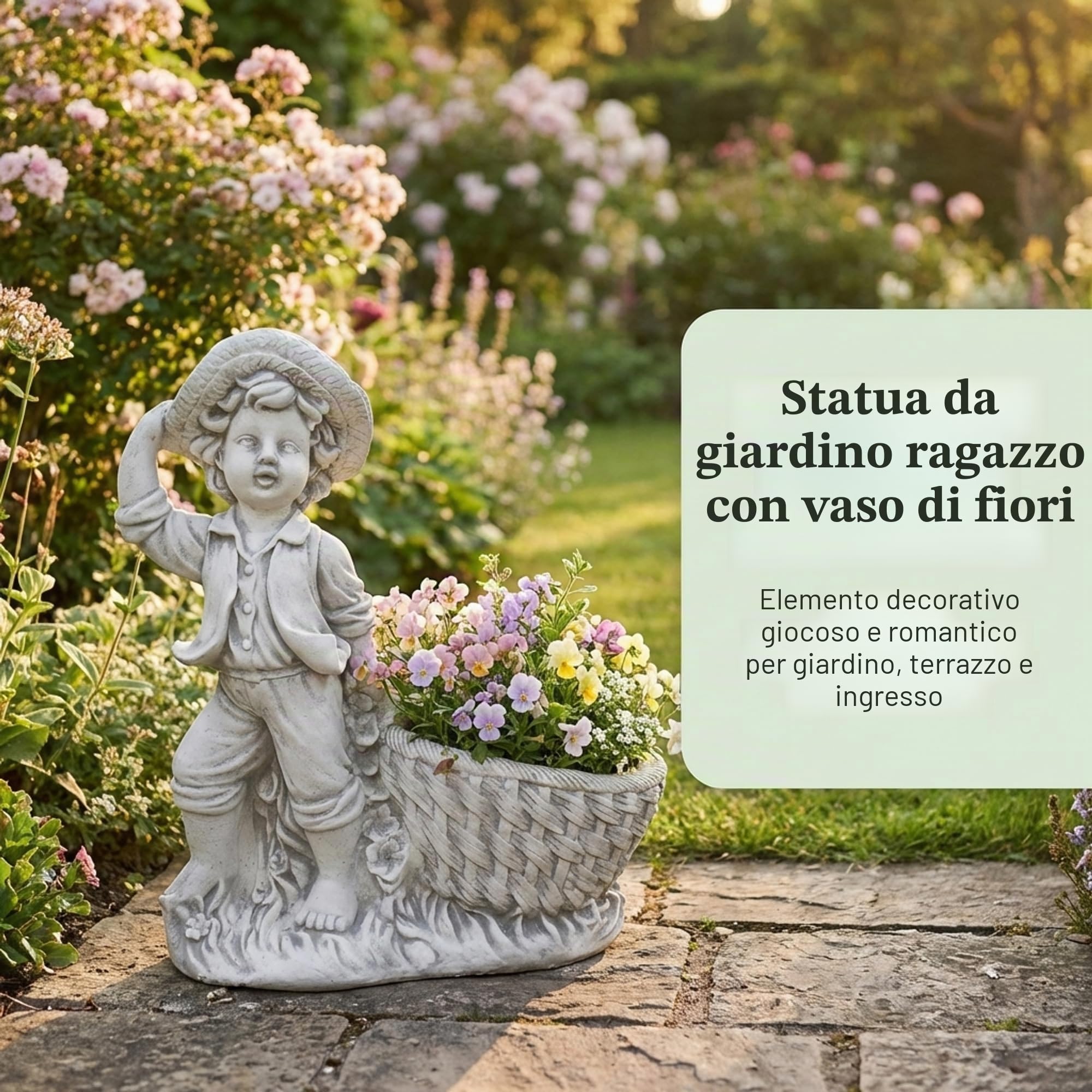 gartendekoparadies.de Statua da giardino Ragazzo con vaso, altezza 40 cm, vaso per piante in pietra refrattaria resistente al gelo, decorazione da giardino in grigio