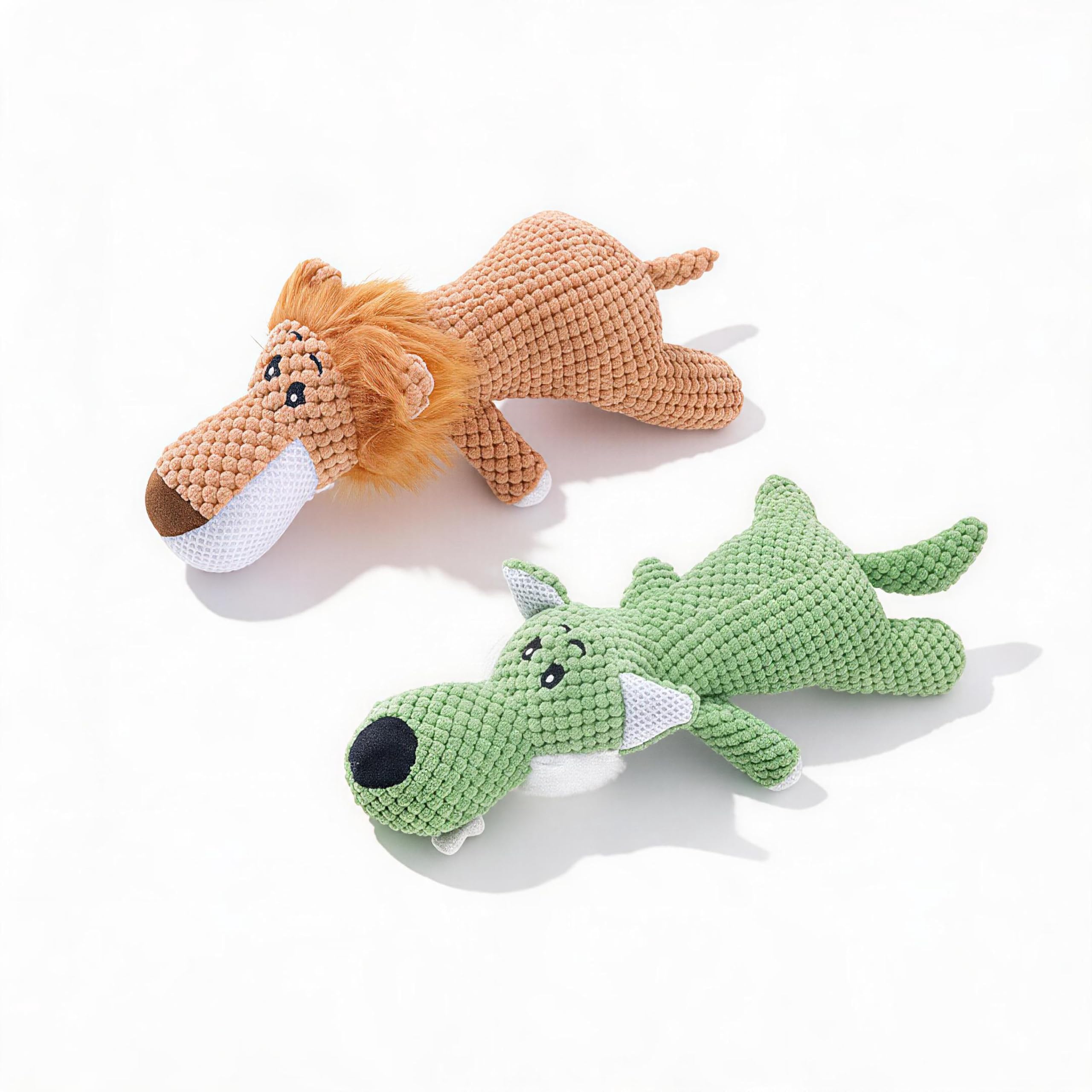 BowBabe 2-Pack Plush Squeaky Dog Toy Set, Lion & Wolf with Textured Dental Chew, Easy Grip Cuddle Toys for All Breeds