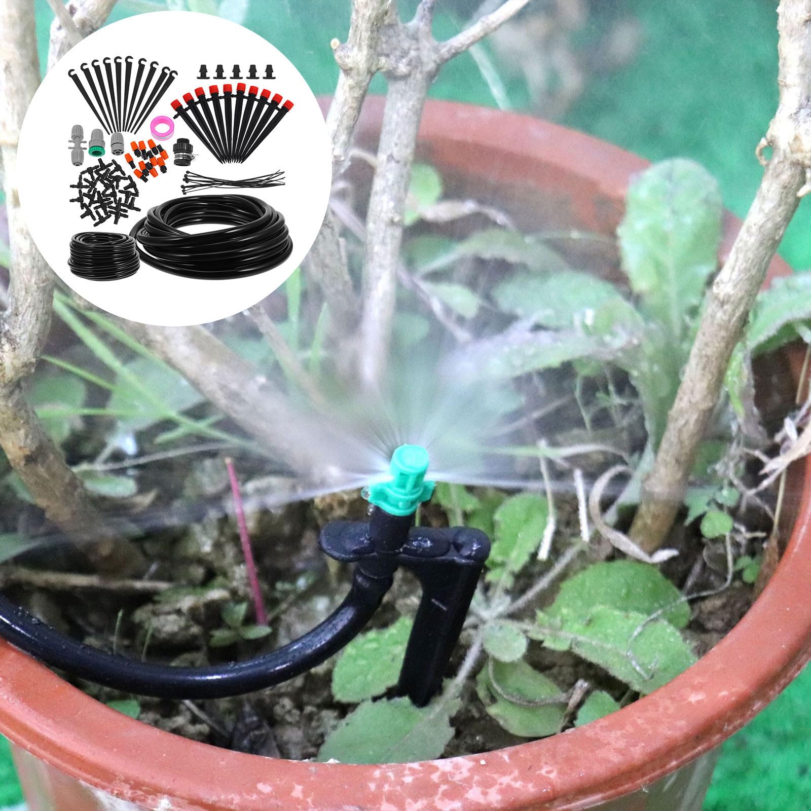 Kisangel Kit D'irrigation Goutte à Goutte en PP et Acier Inoxydable pour Pelouse et Plantes Buses Brumisation et Goutteurs, Système D'arrosage Automatique pour Jardin Extérieur