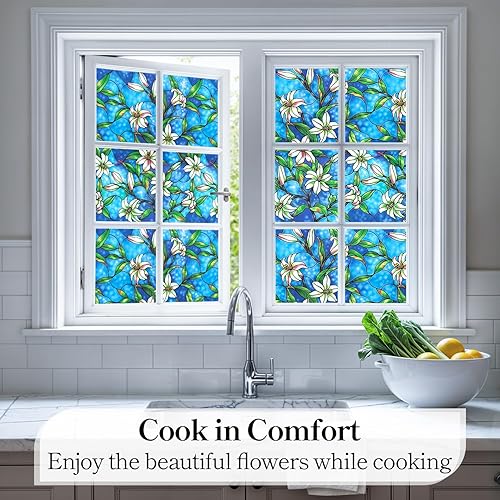Miniatura 12 de DUOFIRE Película de privacidad para ventana, película de vidrio esmerilado, película de vidrio estático, sin pegamento, anti-UV, adhesivo para Flor