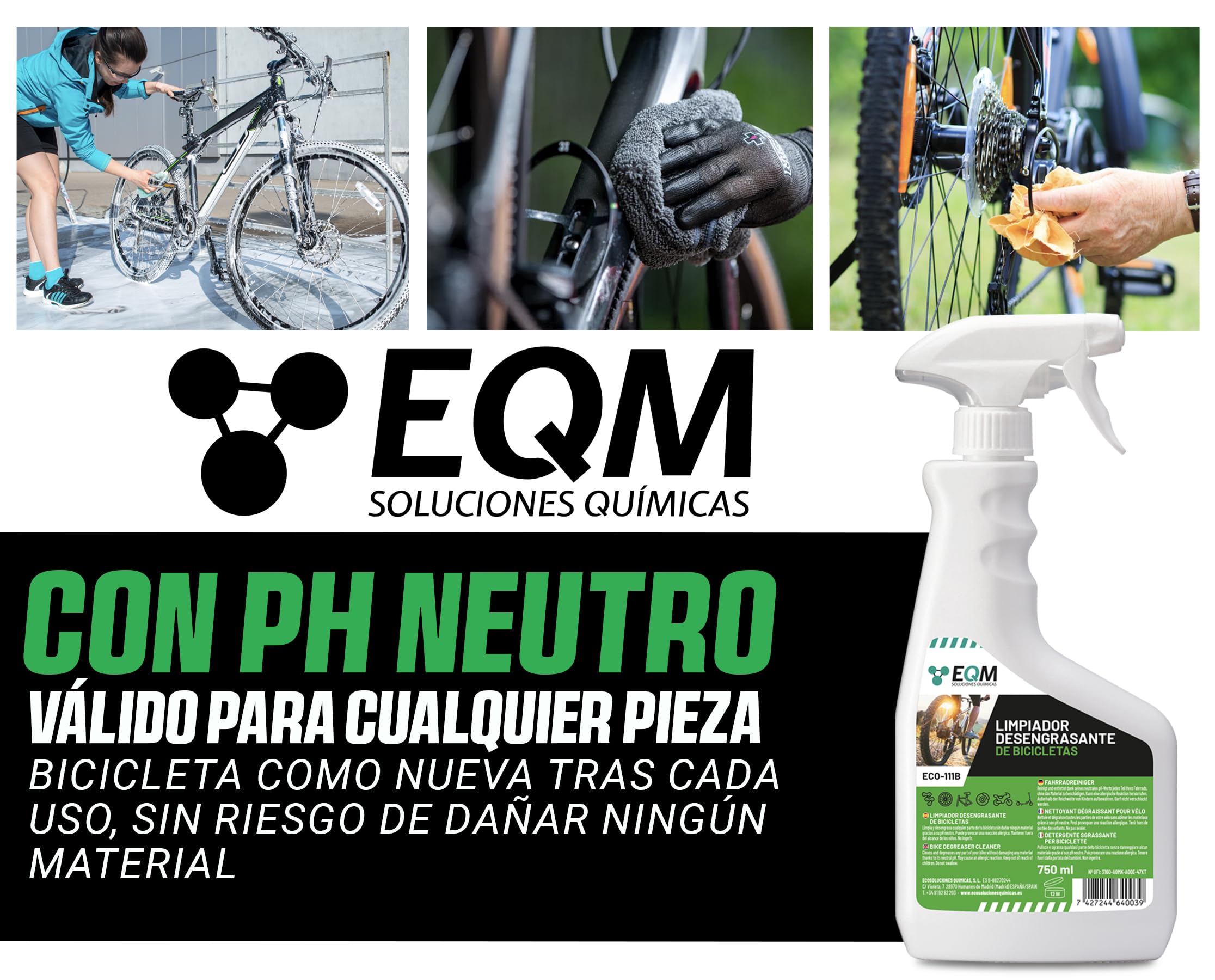 EQM - ECO-111B - Desengrasante Neutro para Bicicleta - 750 ML - Válido para Cualquier Material (Aluminio, Titanio, Acero, Anodizado, etc.) - Desengrasante de Cadenas