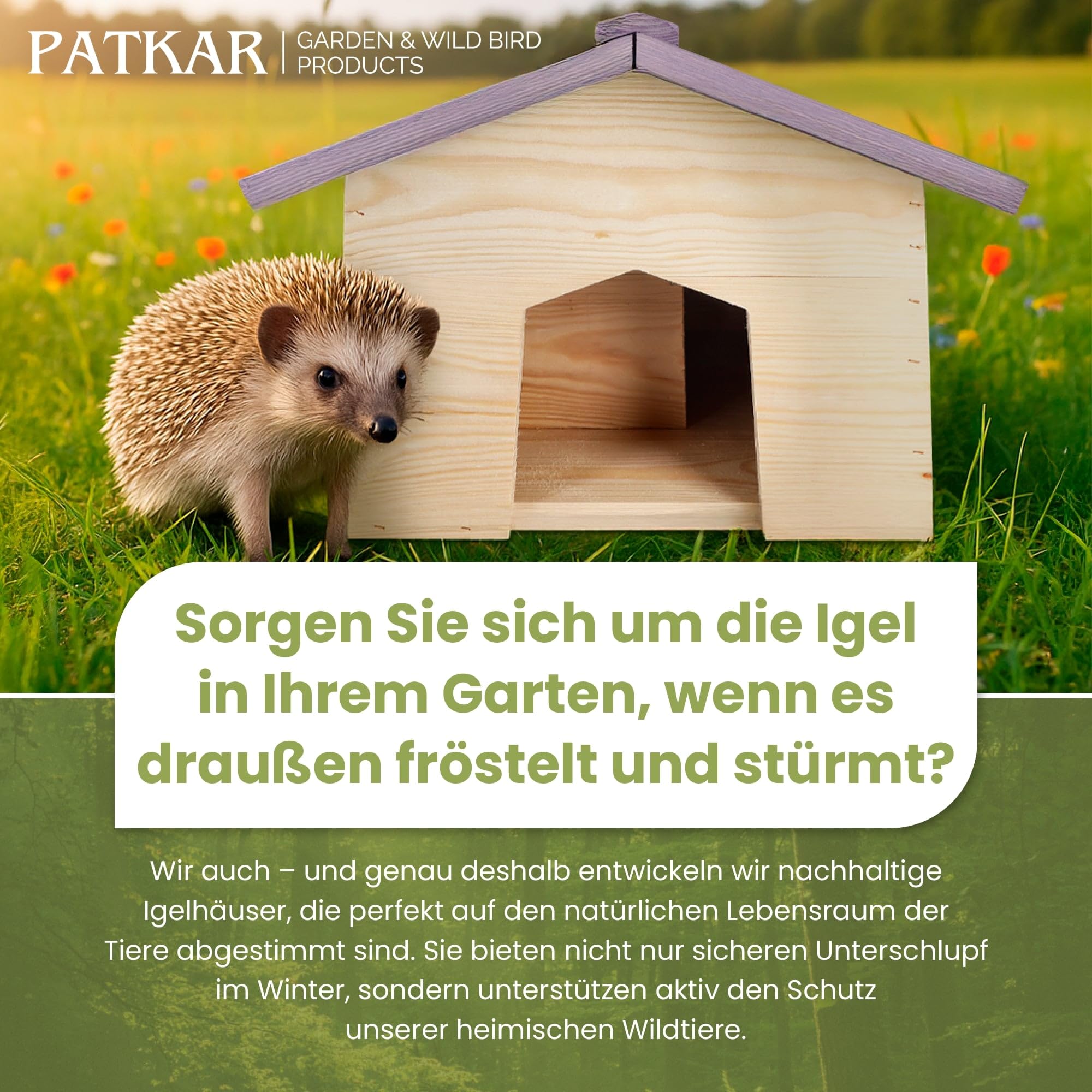 PATKAR Igelhaus Winterfest mit Boden - Premium Igelfutterhaus (Made in Europe) - Labyrintheingang gegen Fressfeinde - Futterhaus Hochwertige Igelhäuser Igel Haus Igelhotel - HxBxT: 28x38x44 cm