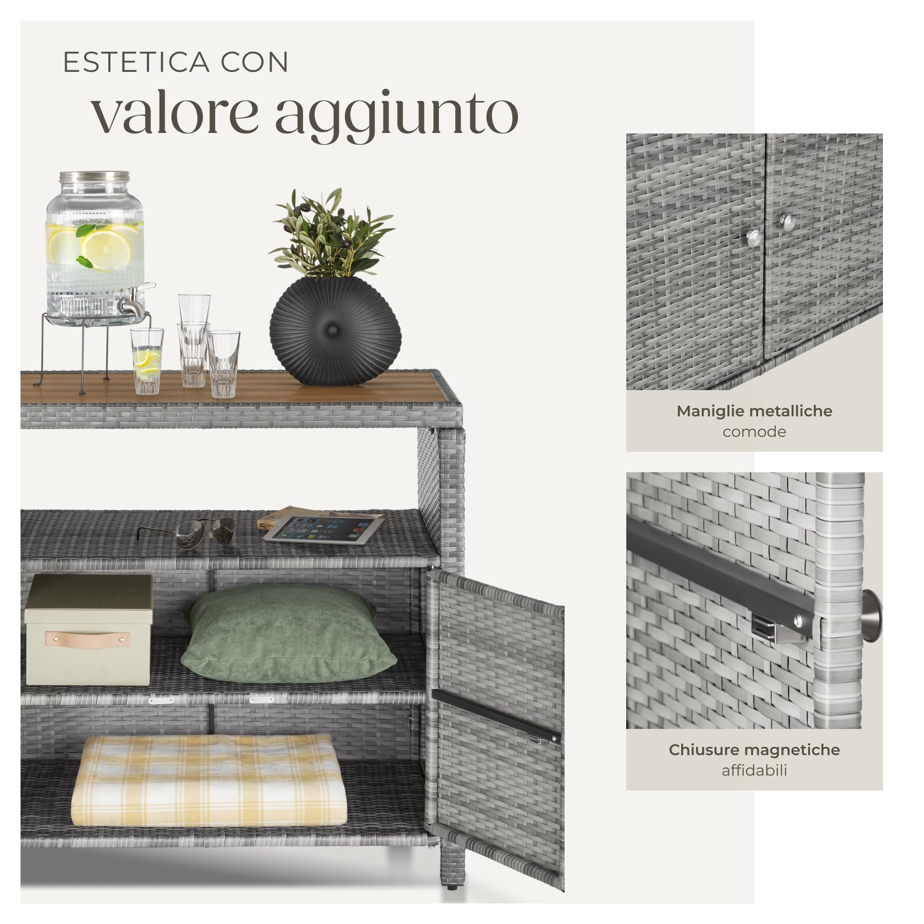 tectake® Armadietto da Giardino in Rattan e WPC, 90 x 55,5 x 87 cm, Mobile da Esterno, 2 Ante, Vano Aperto, Resistente alle Intemperie, Piedini Regolabili, Ideale Arredo Giardino e Terrazzo - Grigio