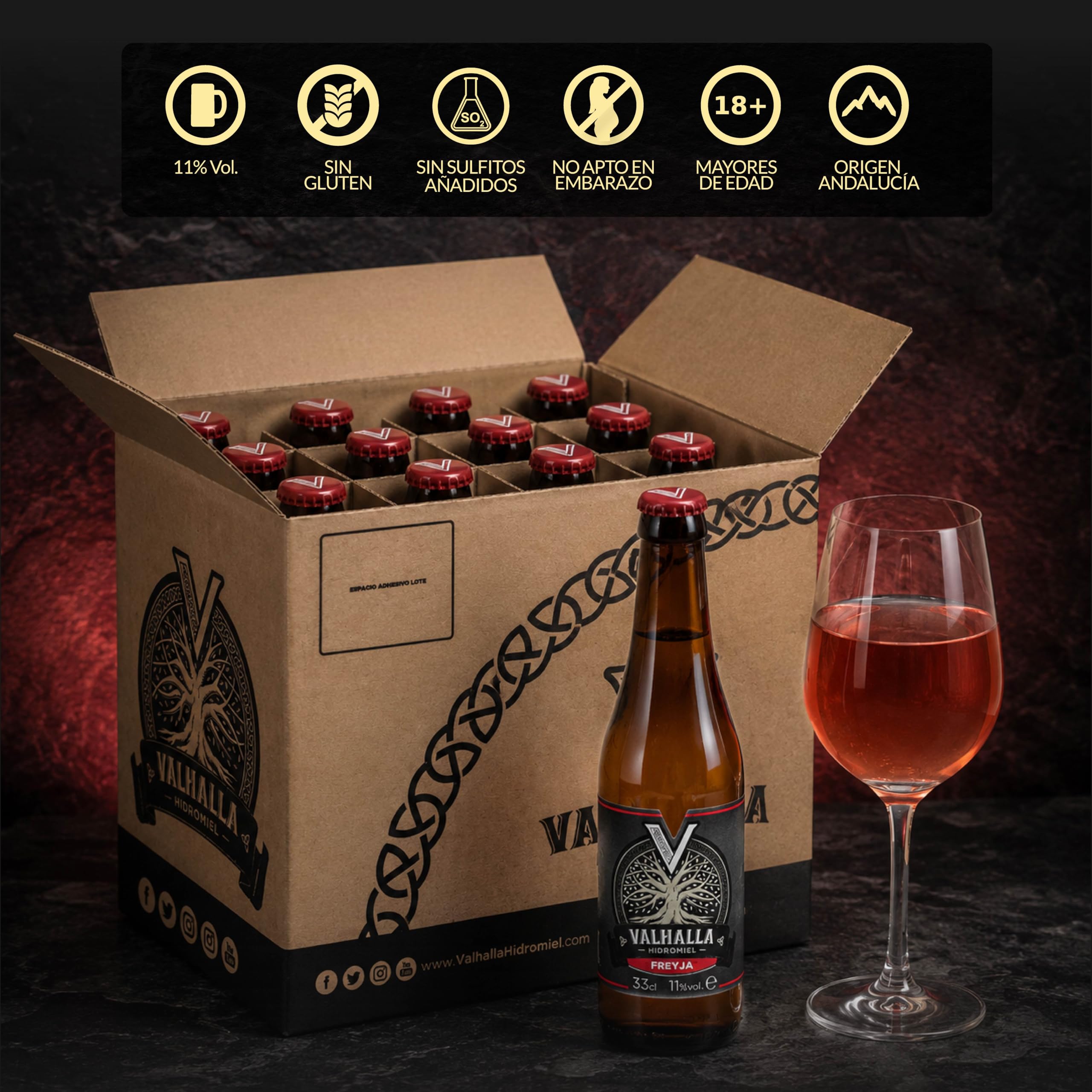Valhalla Hidromiel Freyja | Cerveza Artesanal Estilo Metheglin Semi Dulce | Bebida Natural con Frutos Rojos del Bosque y Miel | Caja 12 Botellines 33cl | Sin Gluten ni Sulfitos | 11% Grados Alcohol)