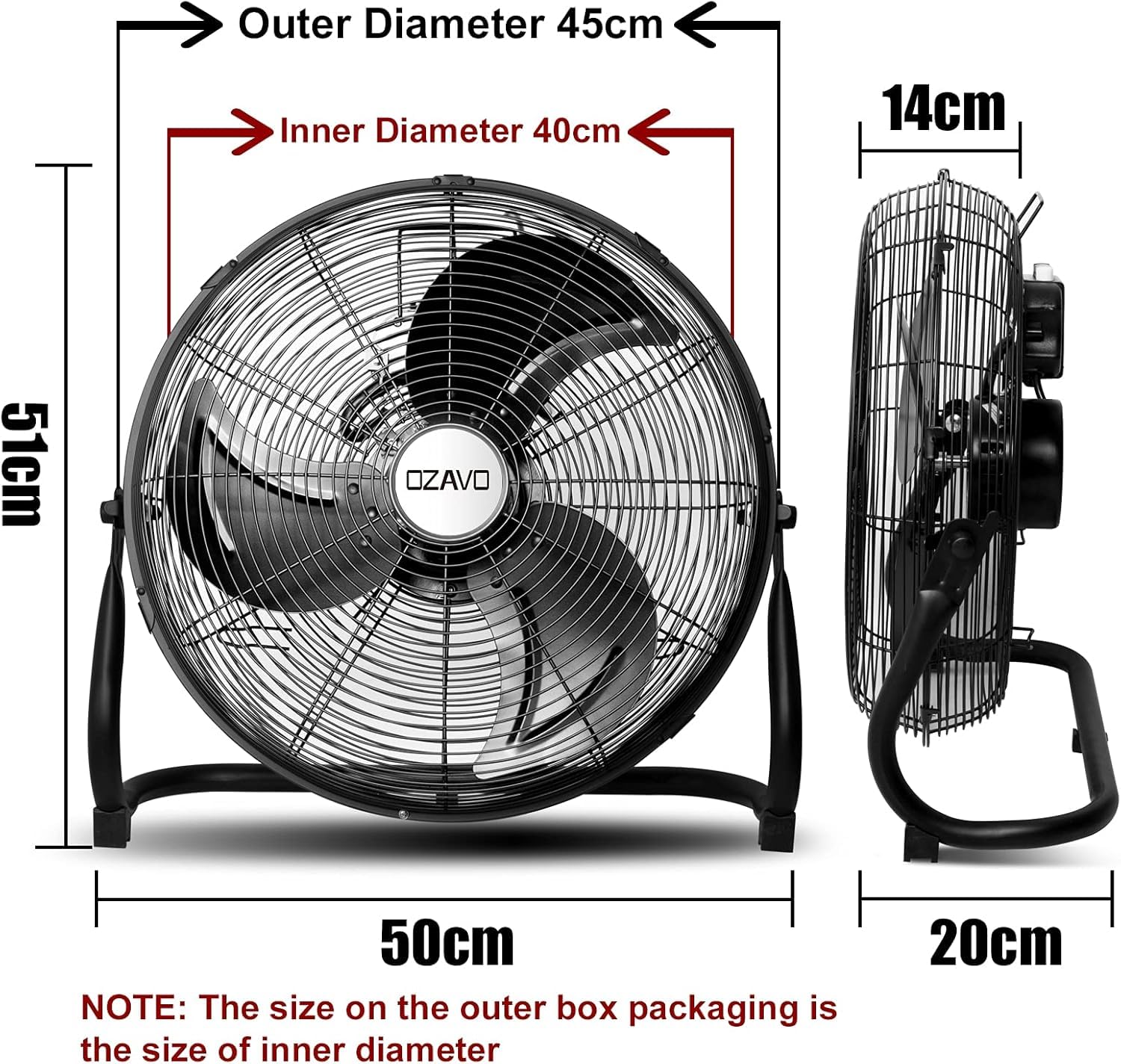 OZAVO Ventilatore a Piantana Industriale in metallo, 3 Velocità, Potente 80W, Air Turbo per una Ventilazione Efficace per Soggiorno e Ufficio, Nero