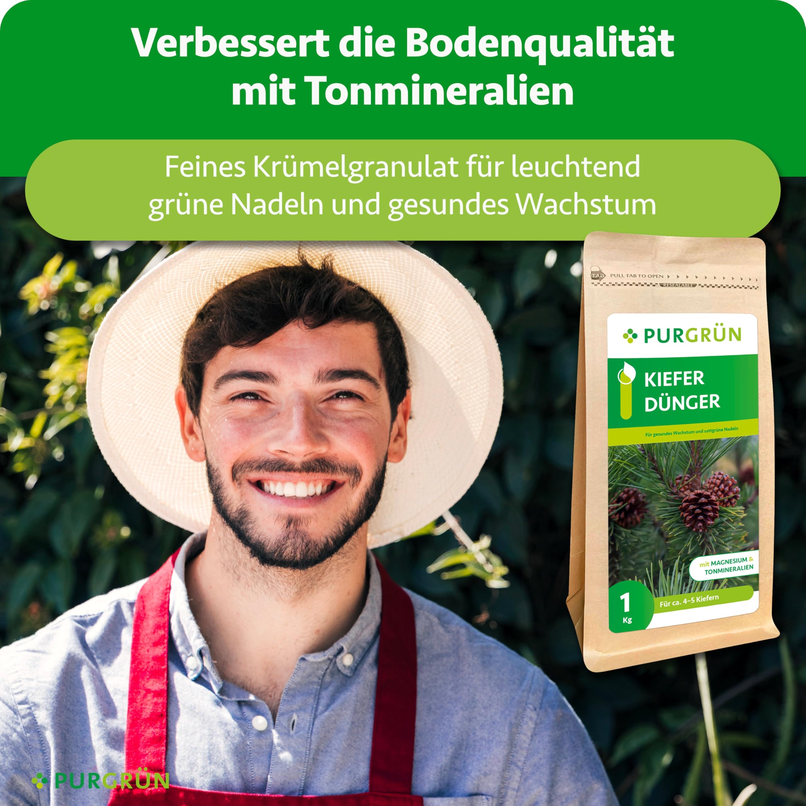 Kiefer-Dünger 1 kg – Extra Magnesium für schützt vor Nadelverfärbungen – Verbessert die Bodenqualität mit Tonmineralien – Erhöht die Widerstandskraft – Granulat für 5-6 Kiefern – chloridarm