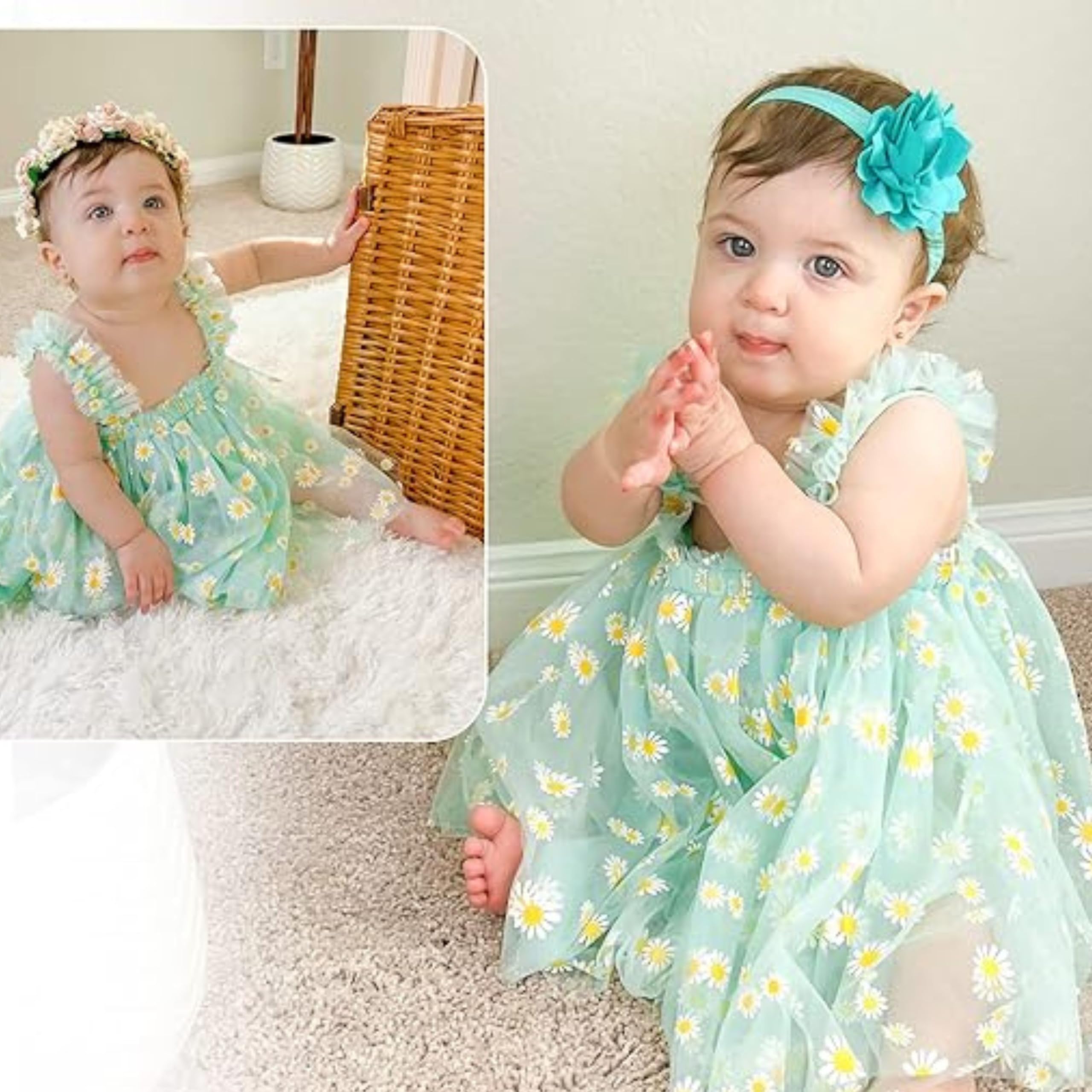 TotzTouch Baby Girls Knee-Length Dress | Frock Cami Strap Flared Printed Net Sleeveless Gown 1 PCS (Baby Green) Light Weight Age 0 to 6 Months - Image 3 thumbnail