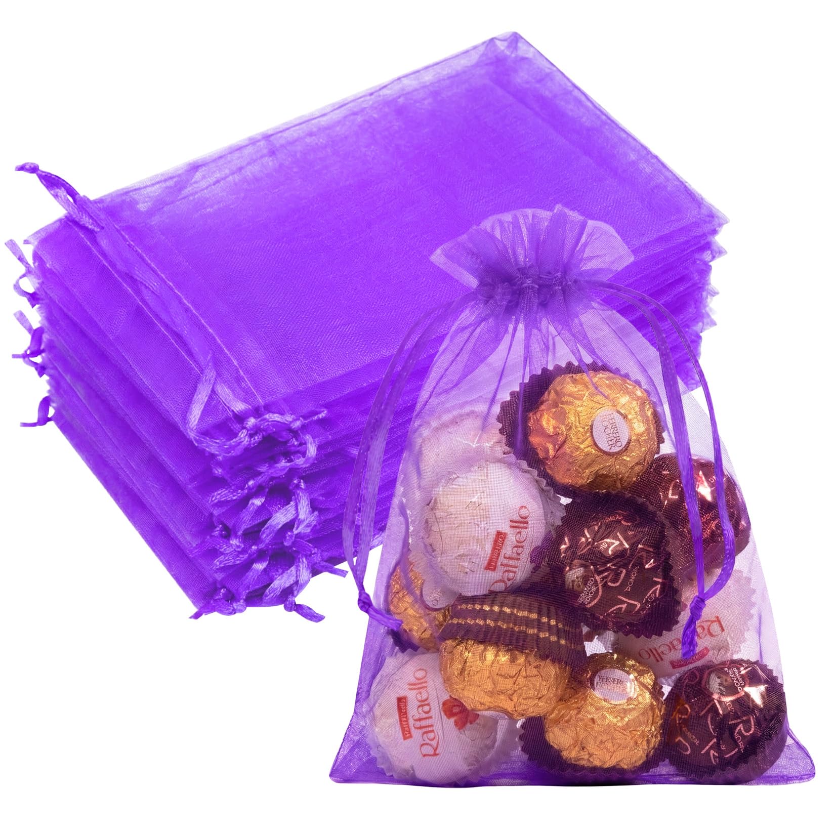 50PCS Purple Organza Bags 5x7, Small Gift Bags Mesh Pouches Drawstring for Jewelry Candy Goodie Sachet Treats Wedding Birthday Baby Shower Halloween Christmas Party Favors Gifts Wrapping