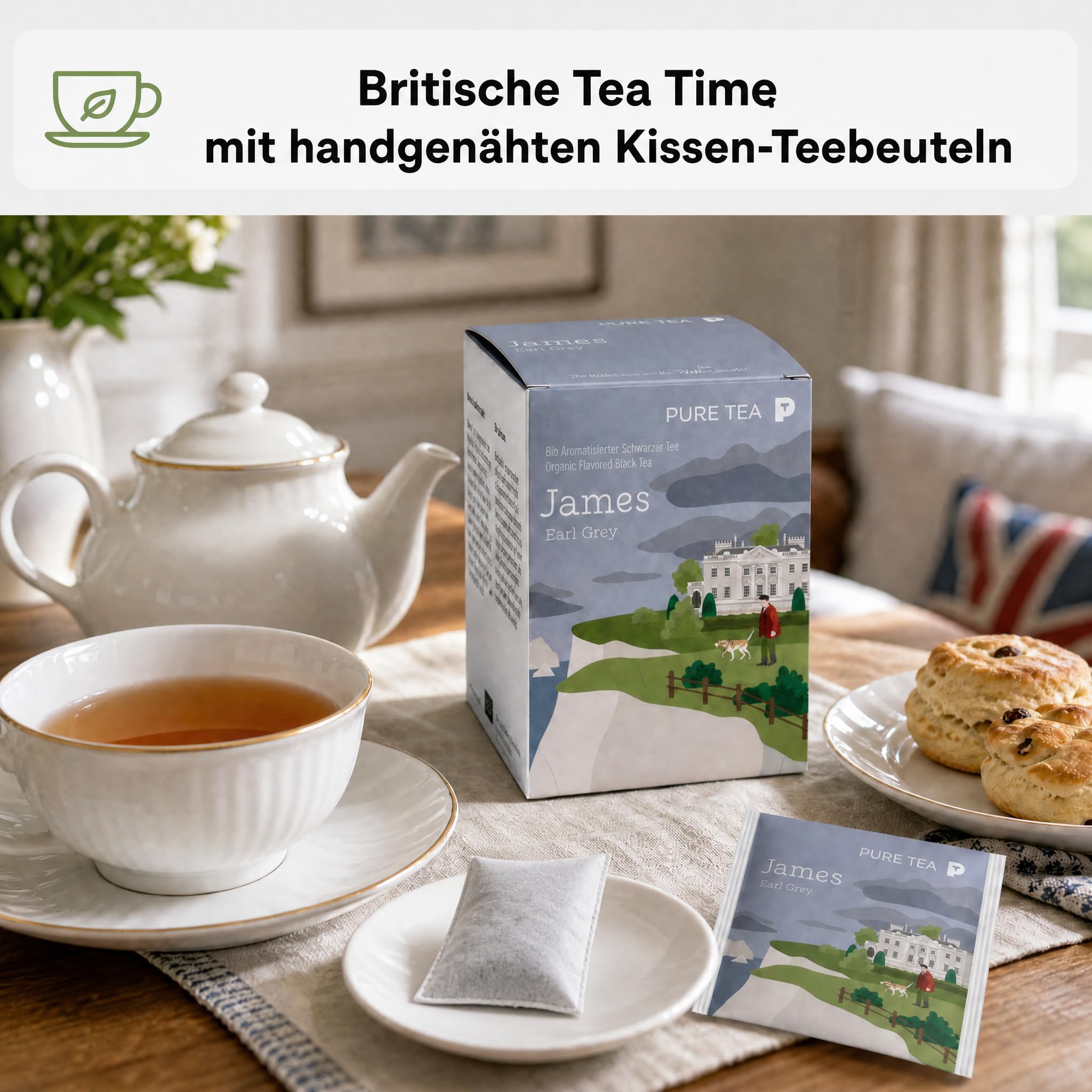 6 x Pure Tea James Earl Grey Teebeutel, Premium-Schwarztee mit Bergamotte, aromatisierter schwarzer Tee im Kissenbeutel, einzeln verpackt in eleganter Dispenserbox, britischer Afternoon-Tea-Genuss