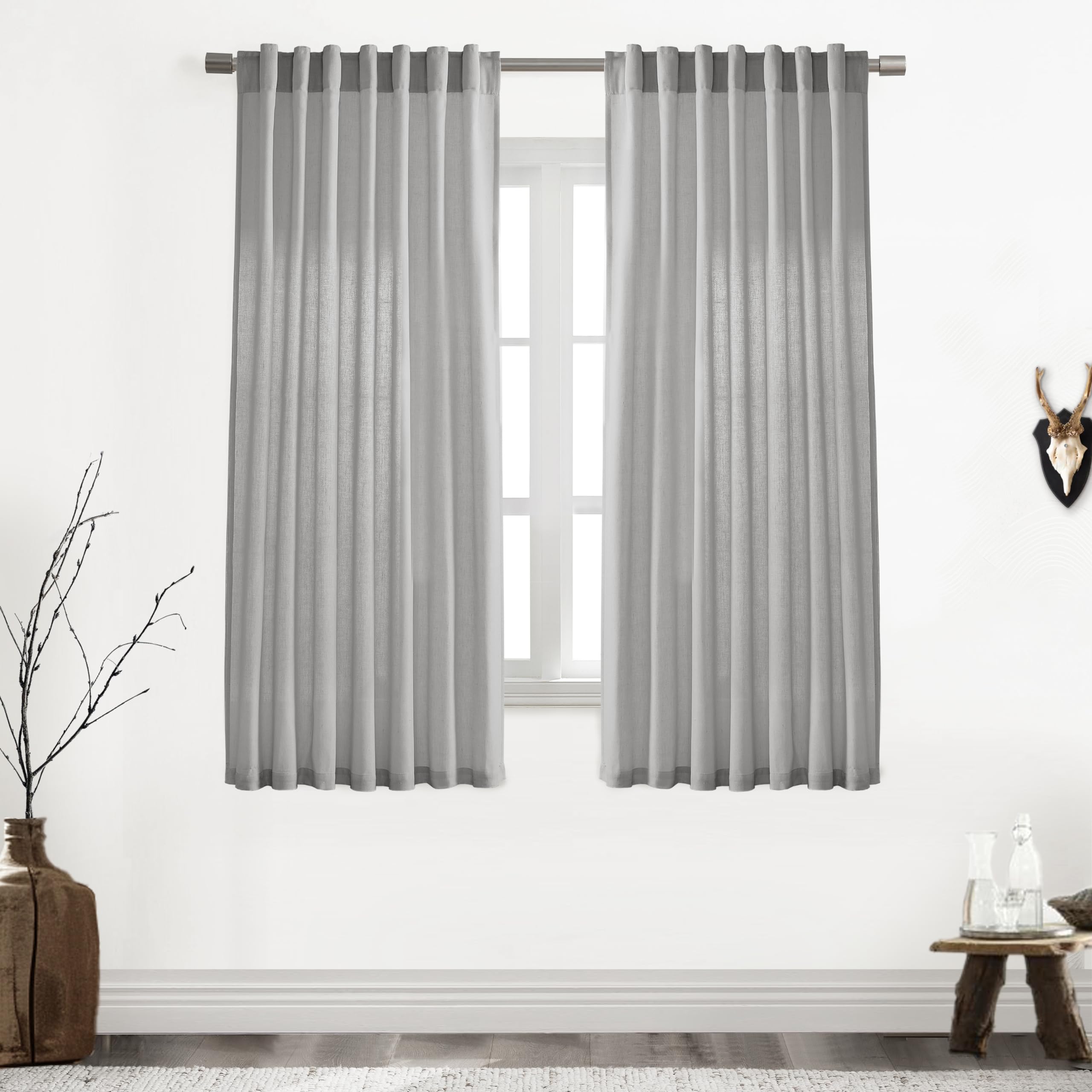 XTMYI Grey 63 Inch Length 2 Panels Back Tab/Hook Belt Linen Cotton Sheer Curtains for Bedroom,50 Inch Wide