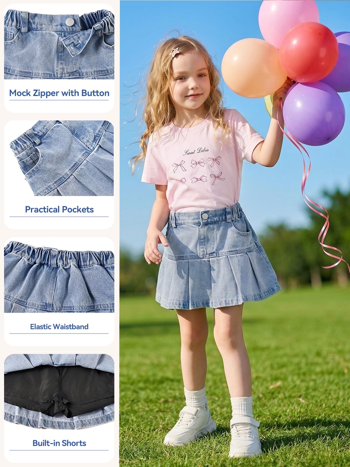 Miipat Faldas Vaqueras para Niñas Faldas-Pantalón Vaqueras de Corte Acampanado con Cintura Elástica Pantalones Cortos y Bolsillos para Niñas Pequeñas