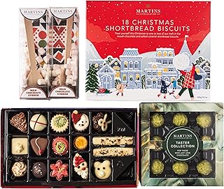 Martin’s Chocolatier Christmas Hamper - Luxury Festive Collection Chocolate Box, Christmas Shortbread Biscuits, Chocolate Orange Brussels Sprouts & 2 Milk Hot Choco Stirrers Gift Set
