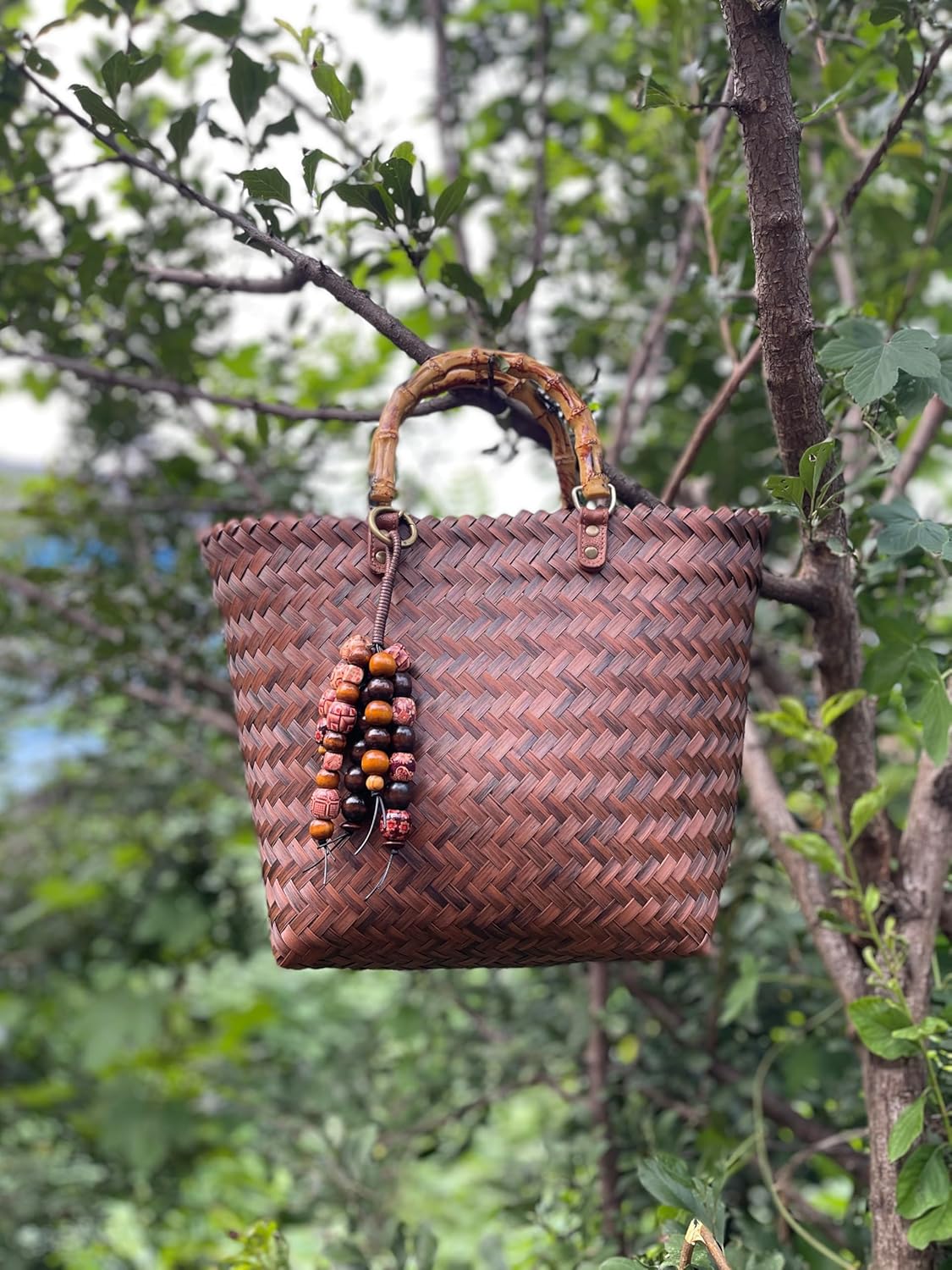 Artisanal Carved Wood Bead Keychain, Retro Bohemian Bag Charm, Handcrafted Unique Purse Accessory for Tote Bag - Image 7