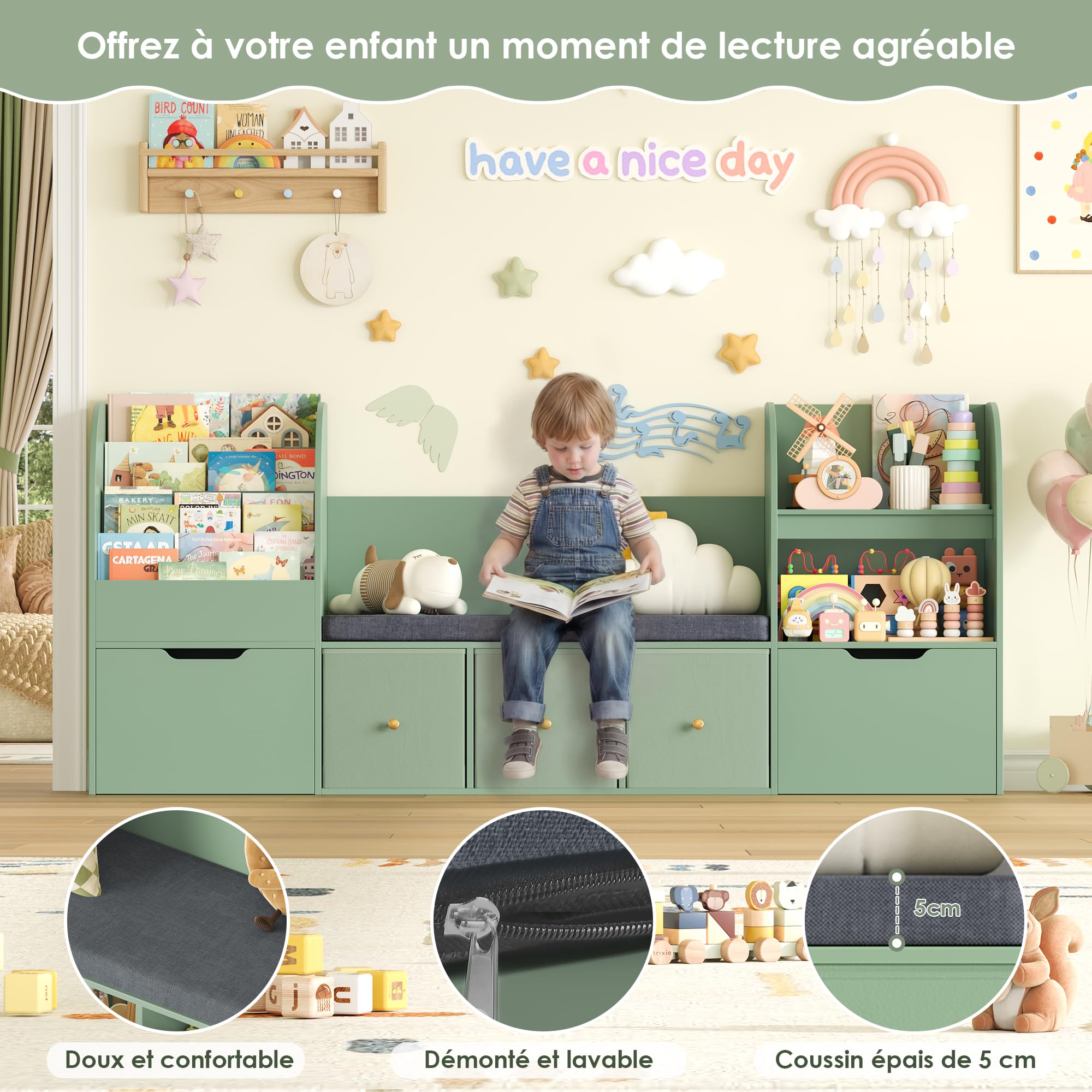 FOREHILL Meuble Rangement Enfant 180cm Bibliothèque Enfant avec Banc Vert