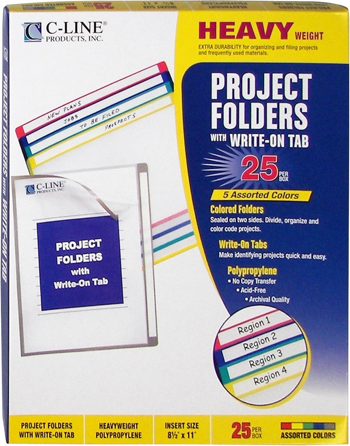 C-Line Write-On Project Folders, Heavyweight Poly, Assorted Colors, 8.5 x 11 Inches, 25 per Box (62160)
