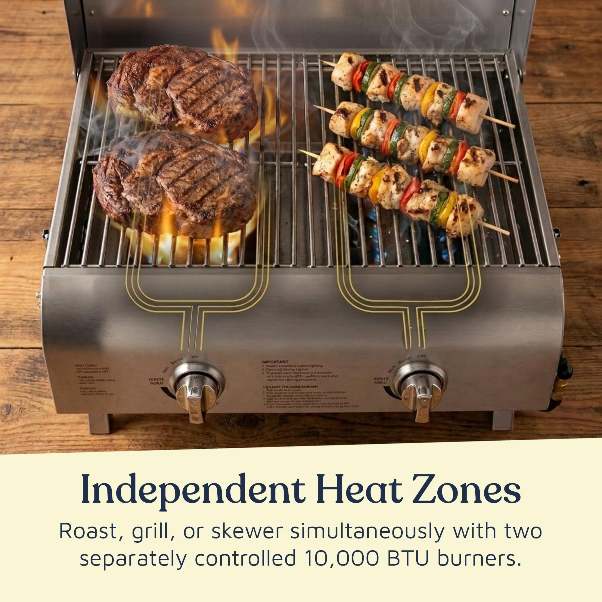 Parrilla portátil – Barbacoa de gas propano de acero inoxidable para camping y al aire libre – 2 quemadores – Potencia de 20.000 BTU – Patas plegables – Tapa a prueba de viento – Fácil de limpiar –