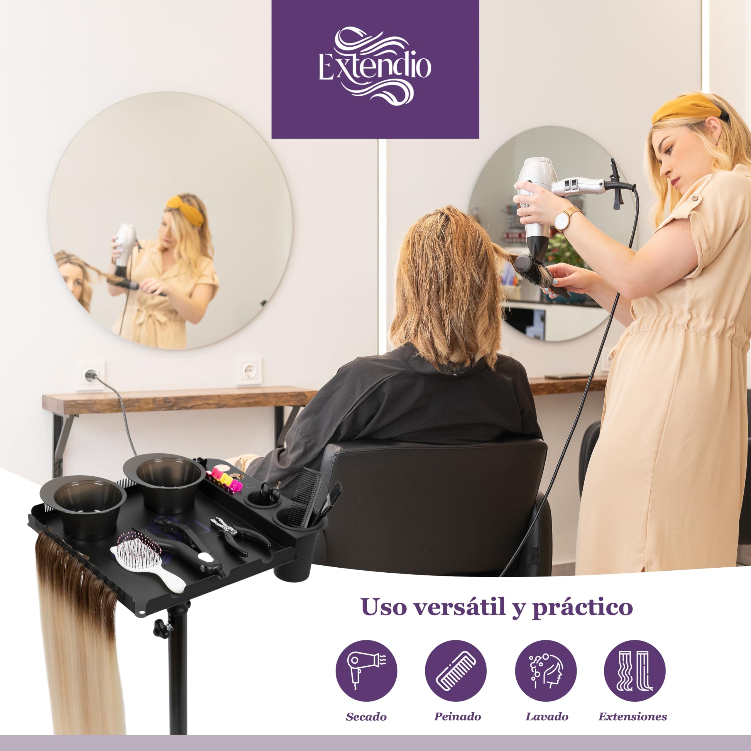 Carrito de peluquería Profesional – móvil y Ajustable en Altura. Bandejas Resistentes al Calor, Cuencos magnéticos y Soporte para Extensiones – Ideal para Salones de Belleza y estilistas móviles