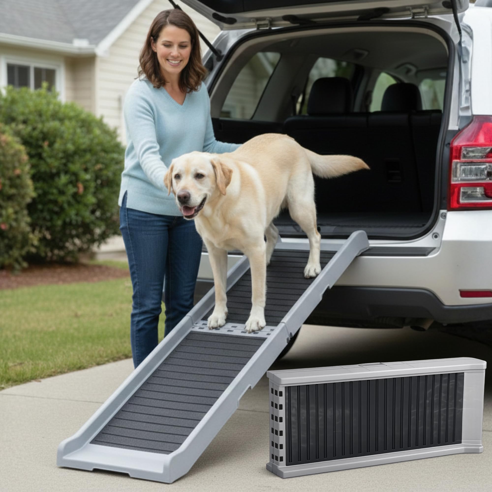 Photo 1 of Dog Ramp for Car - Anti-Slip Dog ramps for Large Dogs - Stable Dog Car Ramp 190 LBS Capacity - Foldable ramp for Dogs to get in car - Car ramp for Dogs - 68,5" Long & 15" Wide - Light Gray