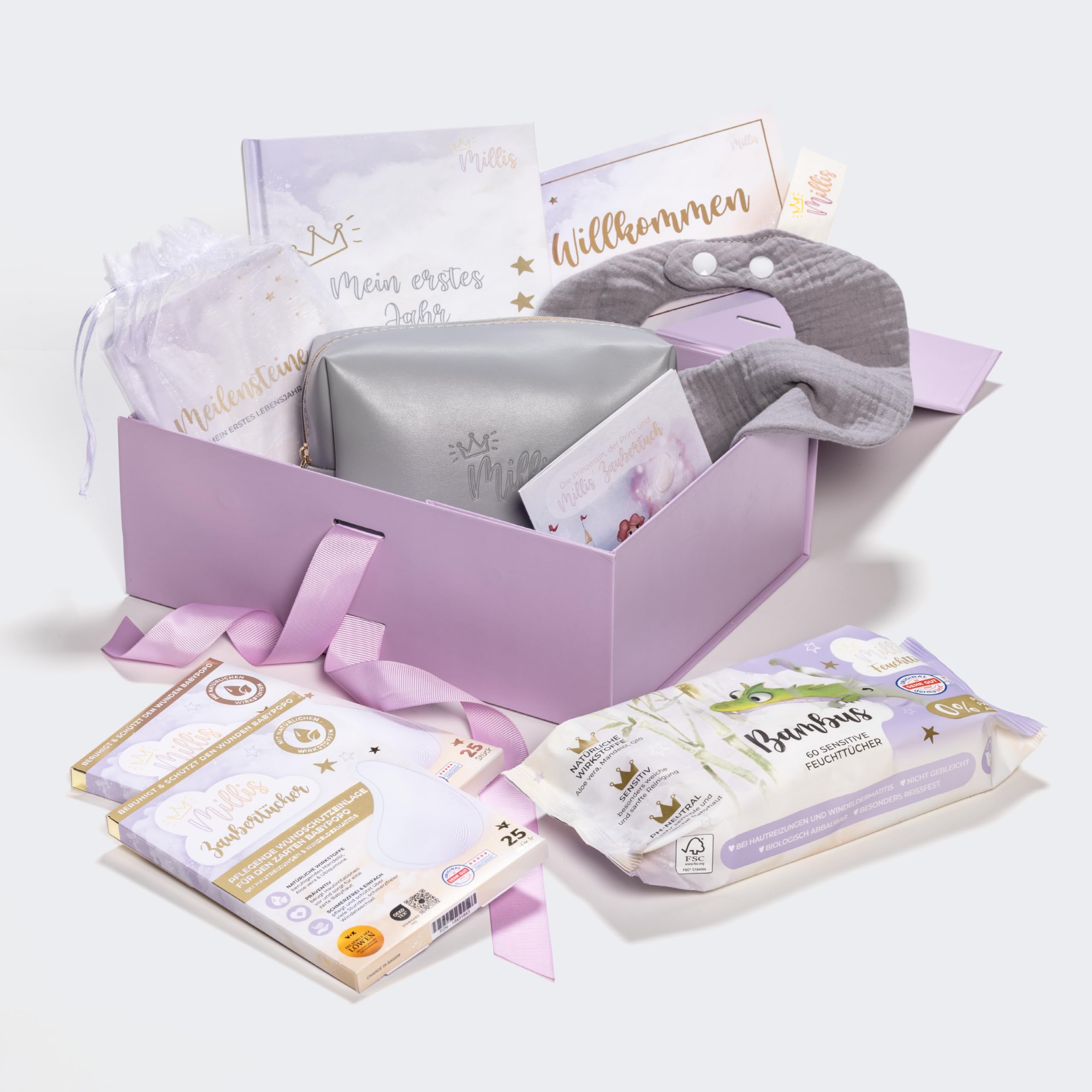 Millis Coffret cadeau bébé 8 pièces avec produits | Cartes de jalons, lingettes humides en bambou Millis & lingettes magiques Millis Bavoir Album de souvenirs, livre de contes de fées, sac à langer et