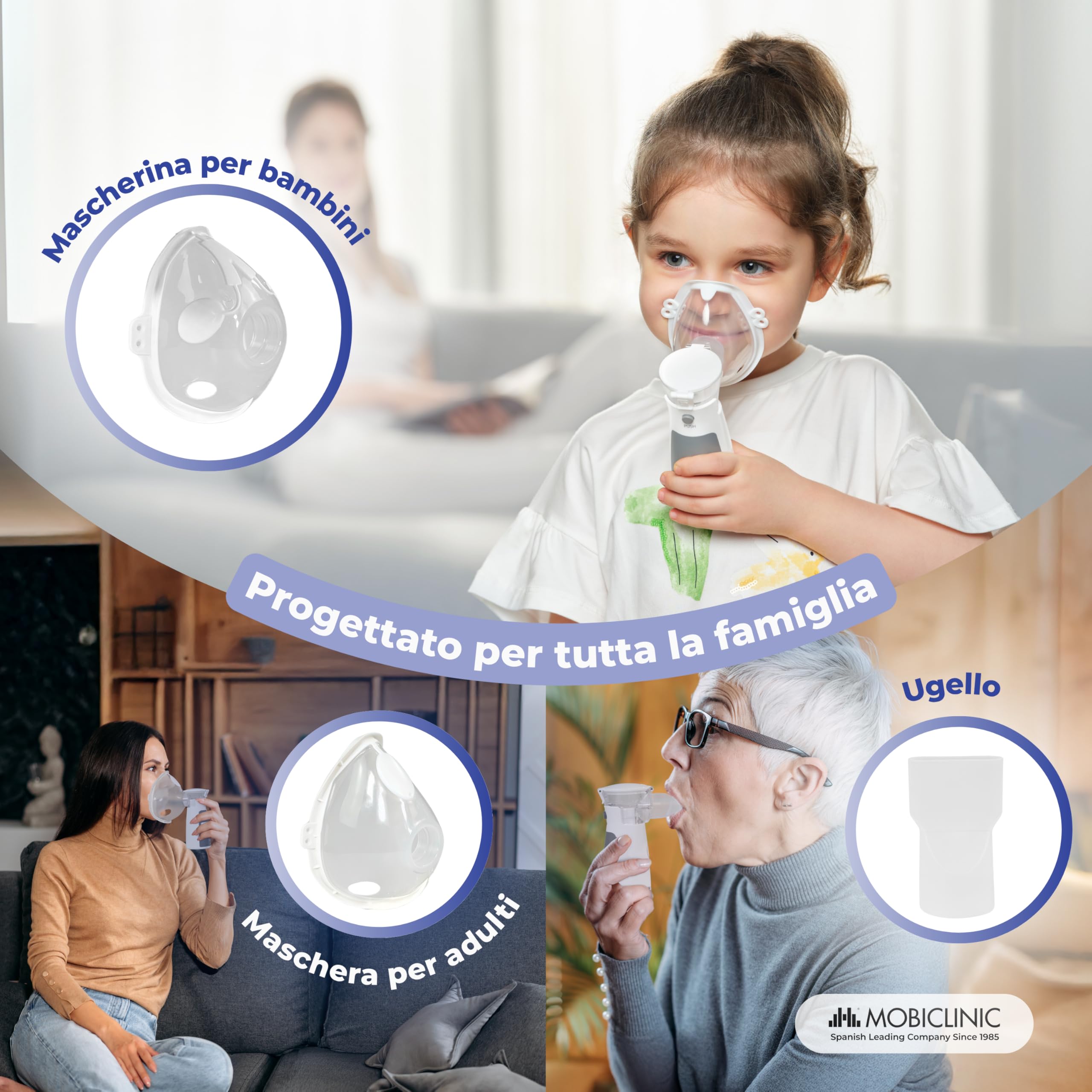 Mobiclinic®, Aerosol Portatile Silenzioso, Boccaglio e 2 Maschere, Adulti e Bambini, Custodia per il Trasporto, Silenzioso, Compatto, Asma, Nebumobi1