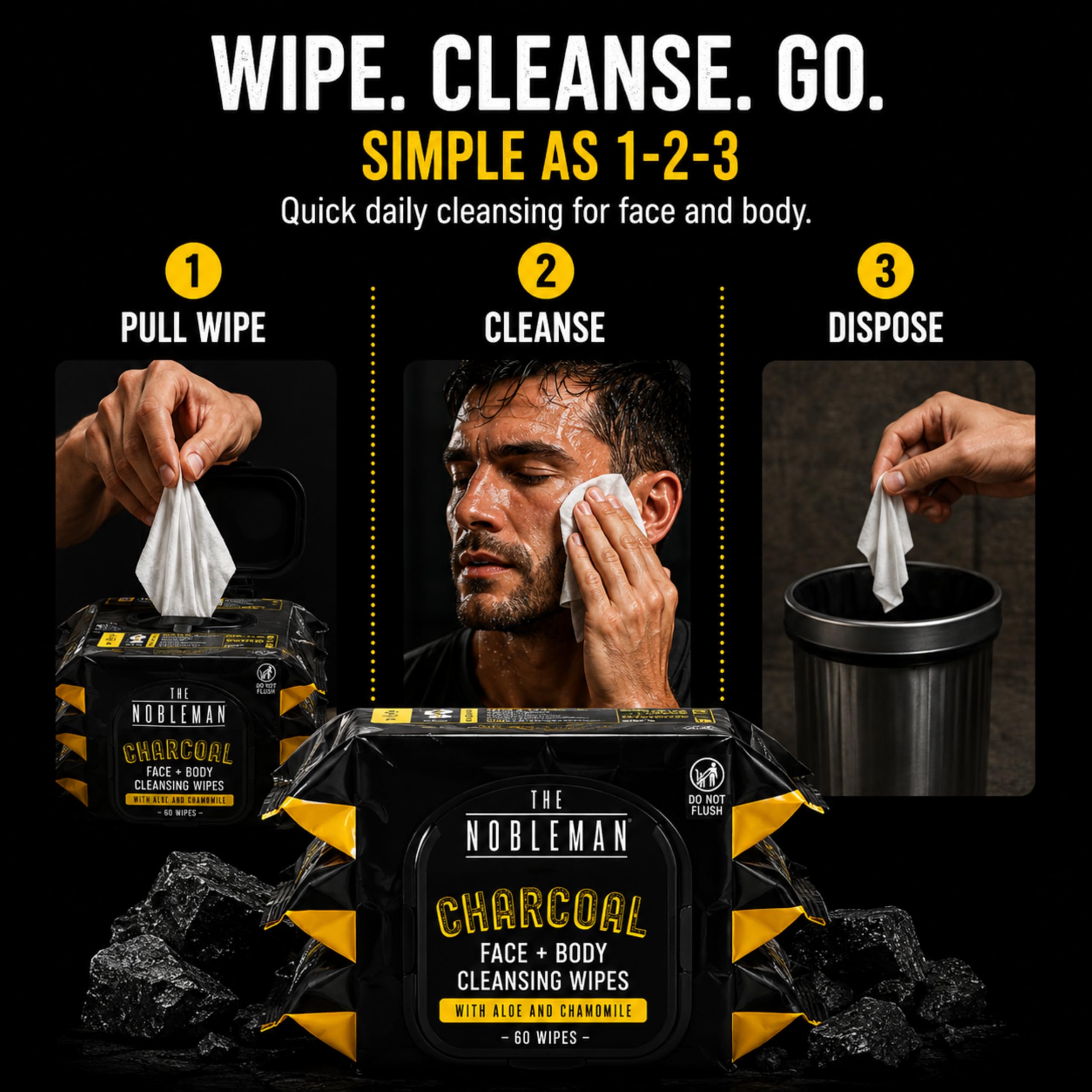 Lot de 4 lingettes nettoyantes pour le visage et le corps au charbon de bois pour homme (120 pièces)