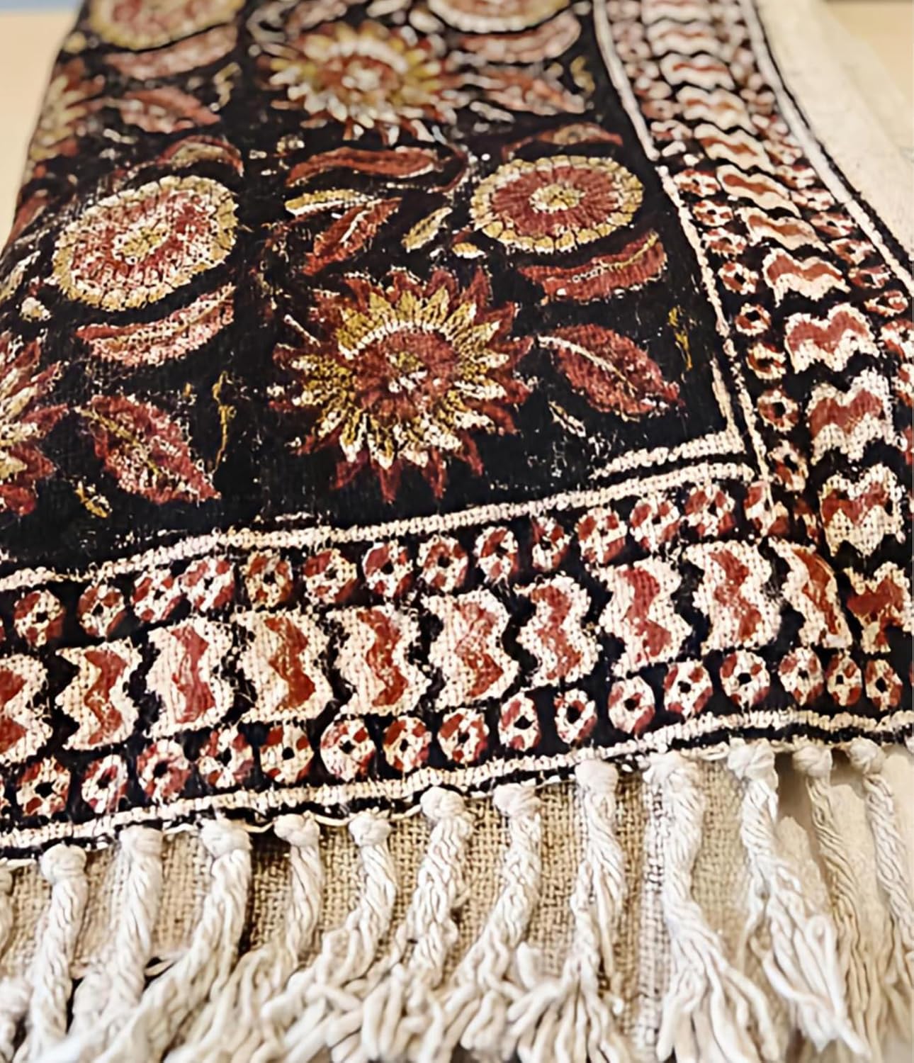 Handmade Cotton Throw Blanket 120 x 180 cm | Bohemian Mud Cloth Handblock Floral Sofa Throw with Tassels | Black Lightweight Bedspread for Couch, Home Décor, Living Room and Bedroom