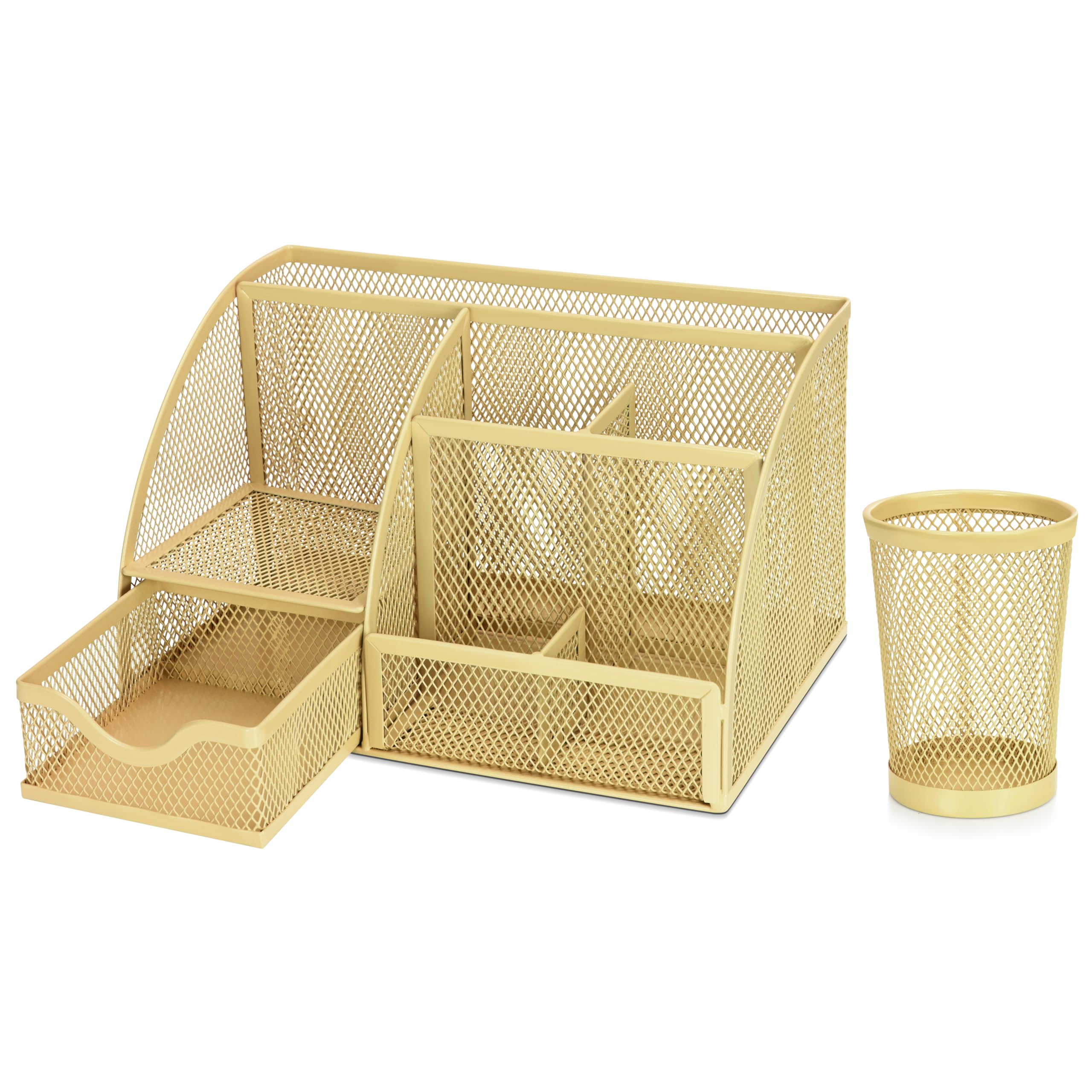 Flexzion Desk Caddy Organizer Set (Rose Gold) - Metal Mesh Desktop Caddy with Drawers, 6 Compartments, and Pencil Holder for Women & Men - Desktop Organizer and Storage for Work or Office Supplies